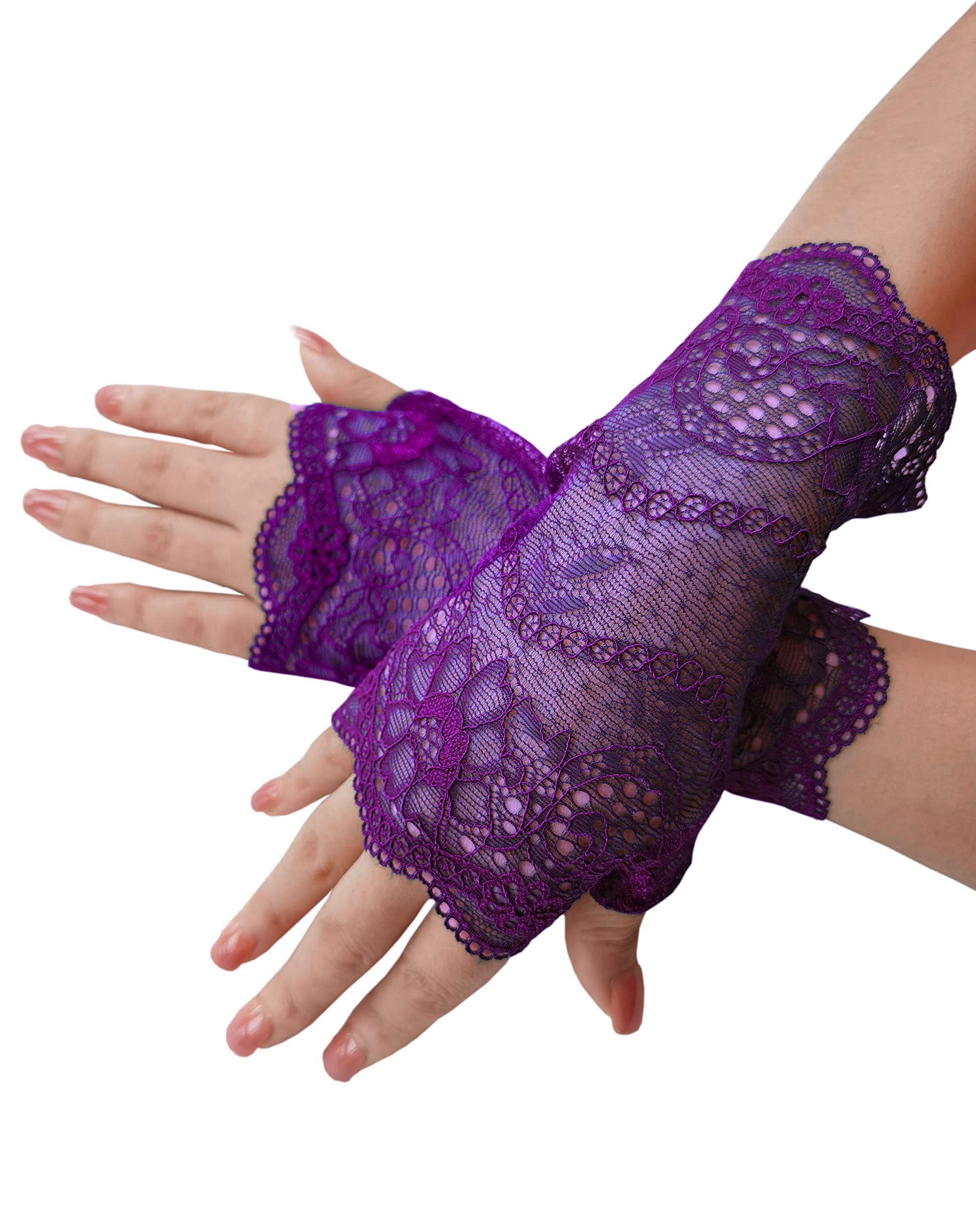 YHDDYG Women's Fingerless Purple Gloves Soft Stretch Floral Lace - Vintage 80s Retro Tea Party Cosplay Costume Accessories S62 (Purple, One Size), Purple, One Size
