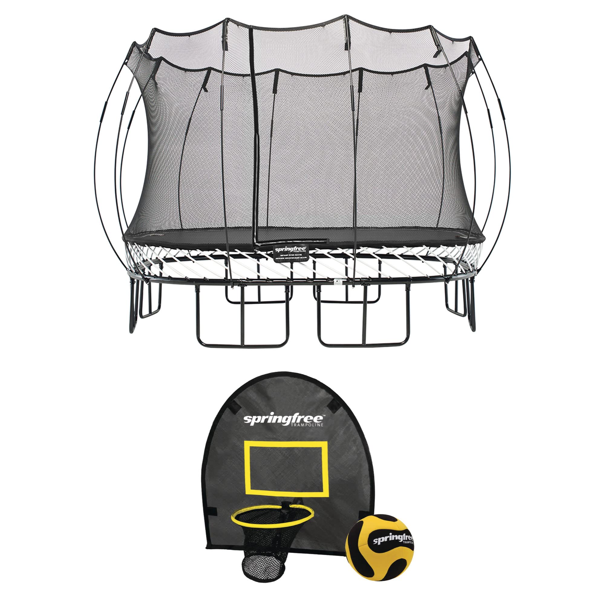 Springfree Trampoline 13 ft x 13 ft Large Square + FlexrHoop Bundle – Springless Fun w/Goal Hoop Attachment Accessories (Included Basketball & Pump)