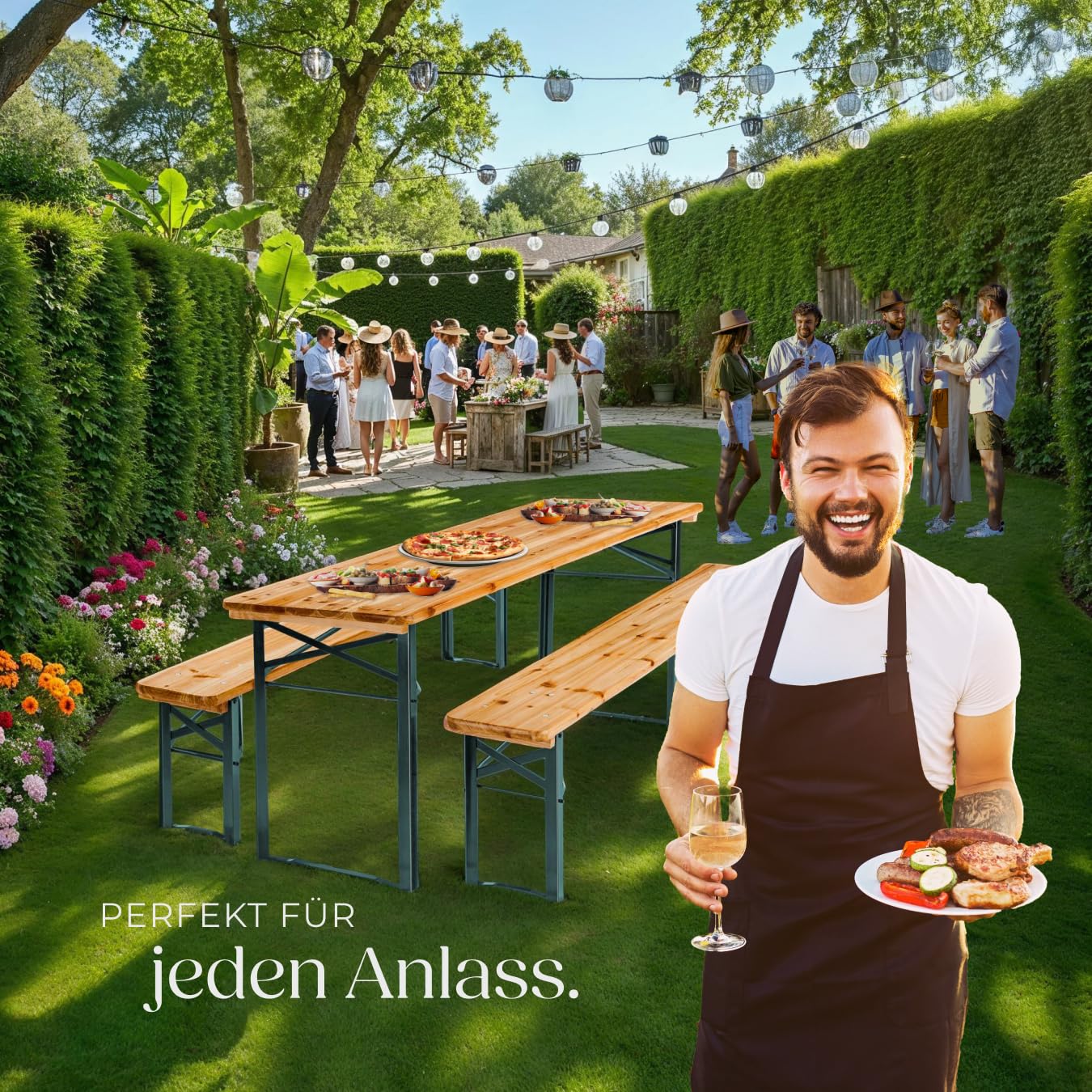 tectake® Bierzeltgarnitur mit Tisch und 2X Bierbank, mit Schirmhalterung und 12 Bodenschoner Bierzeltgarnitur, Balkon Möbel mit 1x Klapptisch und 2X Bierbänke, klappbar, 170 x 46 x 78 cm, lackiert