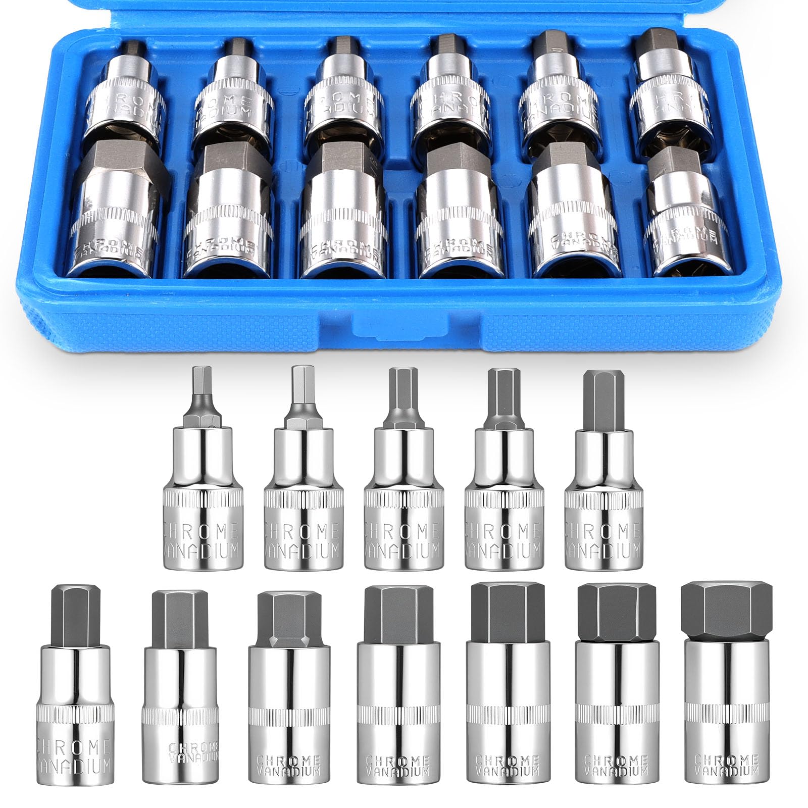 Faankiton 12PCS Metric Hex Bit Socket Set, Allen Socket Set 5-22mm (5, 6, 7, 8, 10, 12, 14, 16, 17, 18, 19, 22 mm) CR-V Steel 1/2 Inch Drive Bit Set, Allen Socket Kit with Storage Box