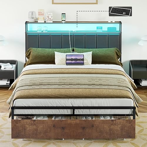Miniatura 28 de AMERLIFE Base de cama LED con cajones, base de cama de plataforma completa con almacenamiento de 2 niveles y cabecera tapizada de cuero y estación