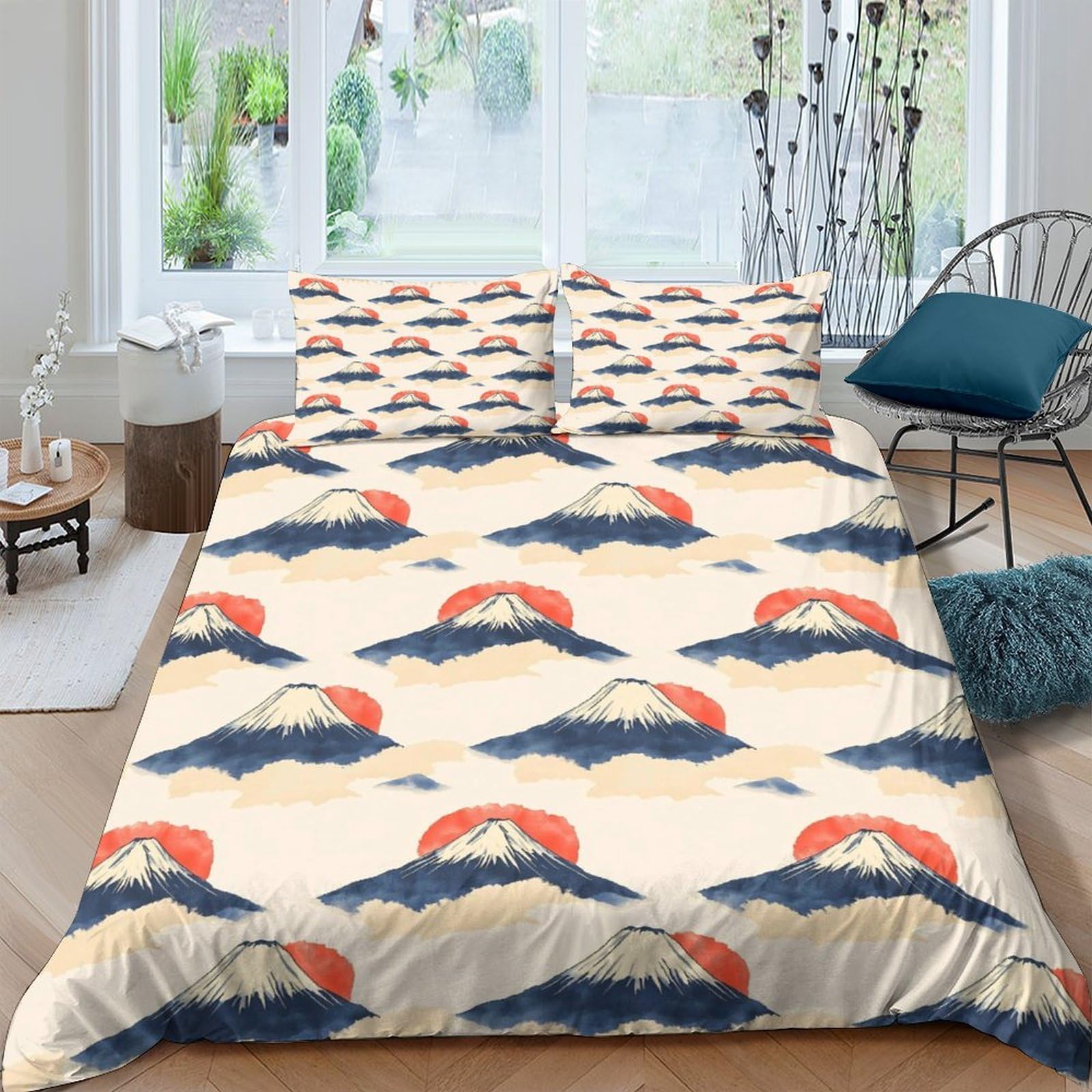 GPLZQXKJNH 3D Printed Japanese Mount Fuji Sunset Duvet Cover Microfiber Soft Breathable Wave Pattern Bedding Set with 2 Pillowcases for Bedroom Home Decor Single（135x200cm）
