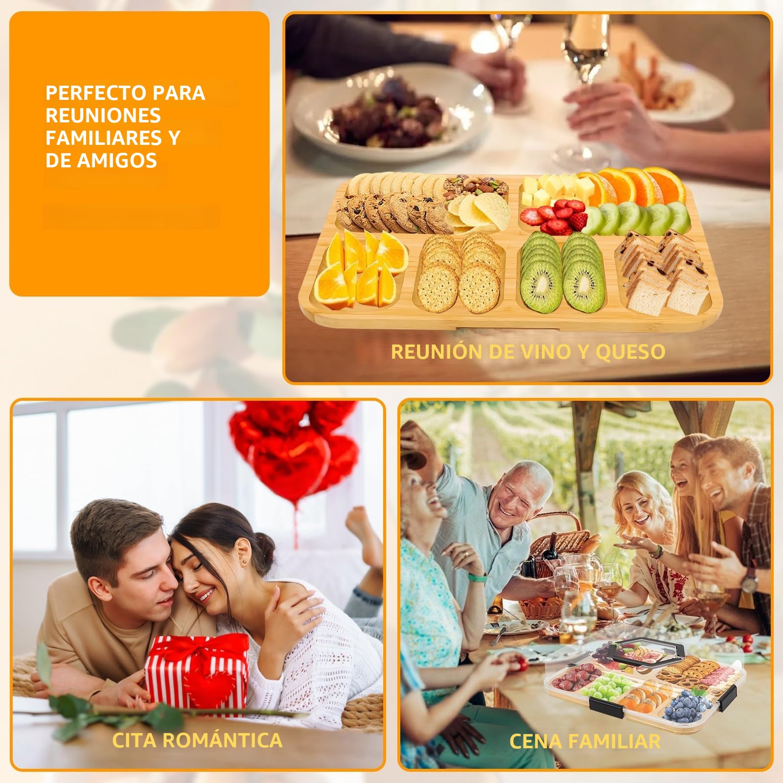 BigKing Bandeja para servir de bambú, bandeja de aperitivos con tapa y 6 ranuras, tabla de bambú para quesos, recipientes para frutas, aperitivos, dulces, verduras, nueces, picnics