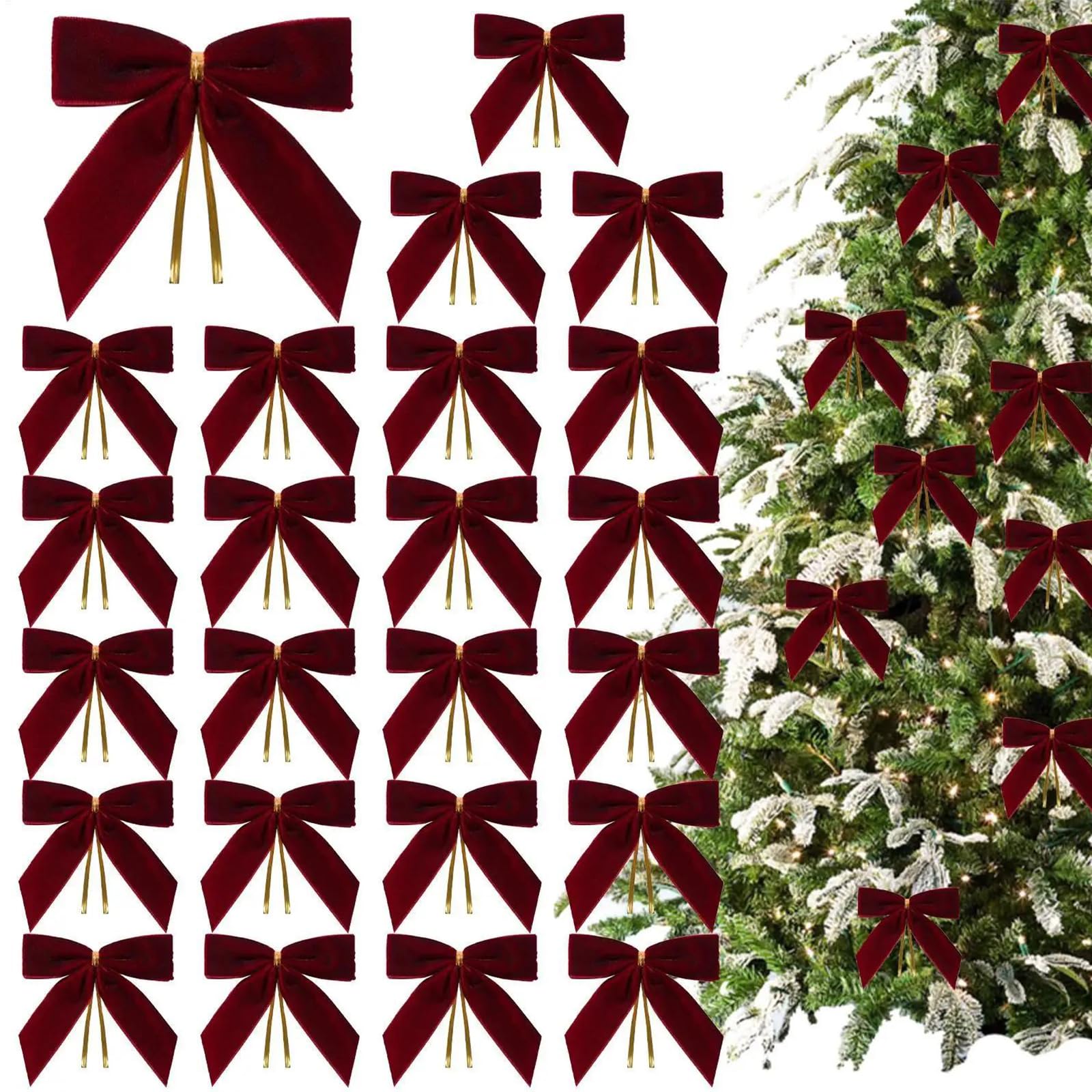 24Pcs Burgundy Velvet Bows for Christmas Tree - Vintage Wine Red Velvet Ribbon Bows with Twist Tie for Xmas Tree Garland Wreath Gift Wrapping DIY Crafts Wedding Home Decorations