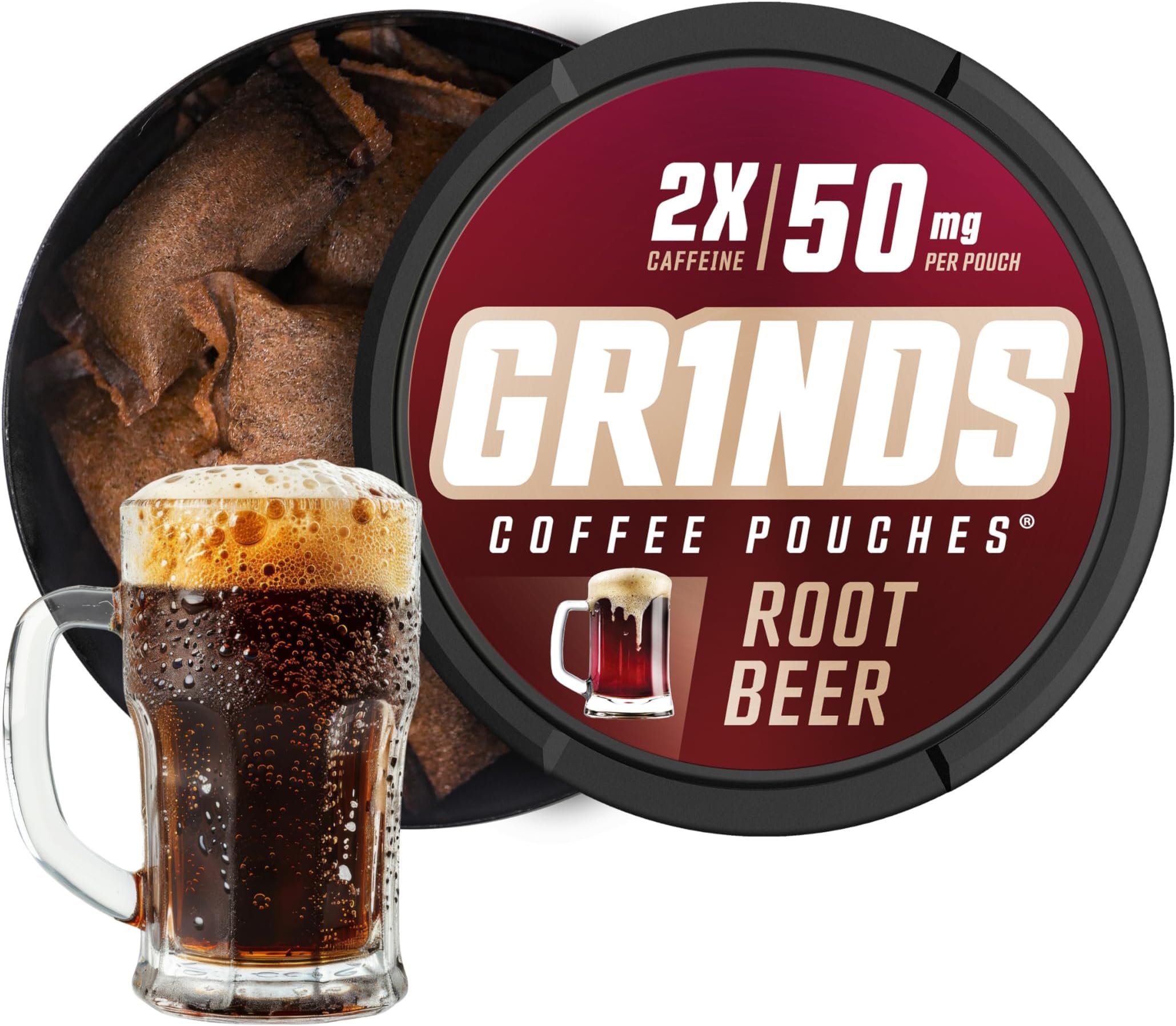 Grinds Coffee Pouches | Tobacco Free, Nicotine Free Healthy Alternative | 3 Cans of Root Beer | 18 Pouches Per Can | 2x Caffeine 1 Pouch eq. 1/2 Cup of Coffee