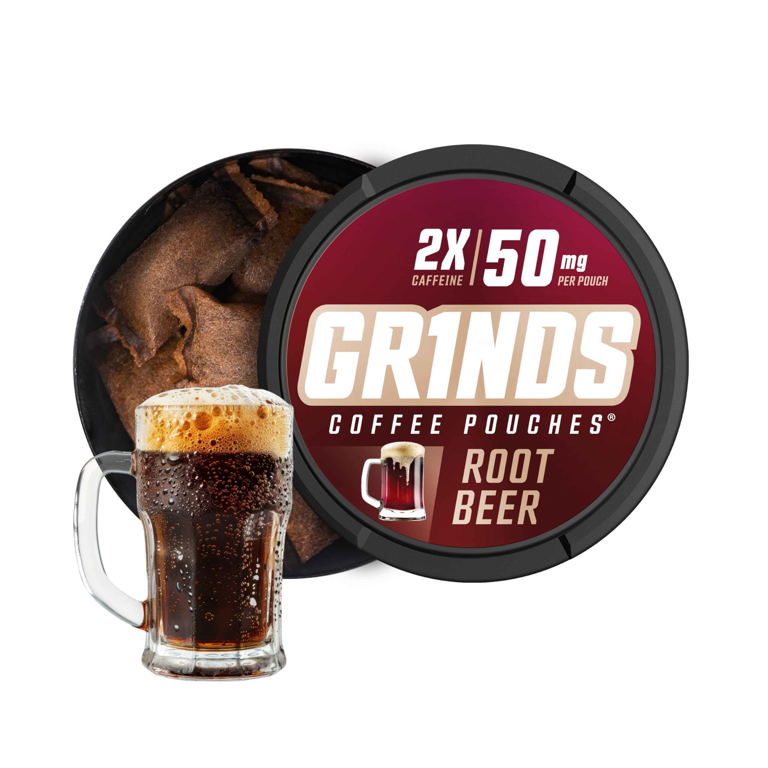 Grinds Coffee Pouches | Tobacco Free, Nicotine Free Healthy Alternative | 3 Cans of Root Beer | 18 Pouches Per Can | 2x Caffeine 1 Pouch eq. 1/2 Cup of Coffee