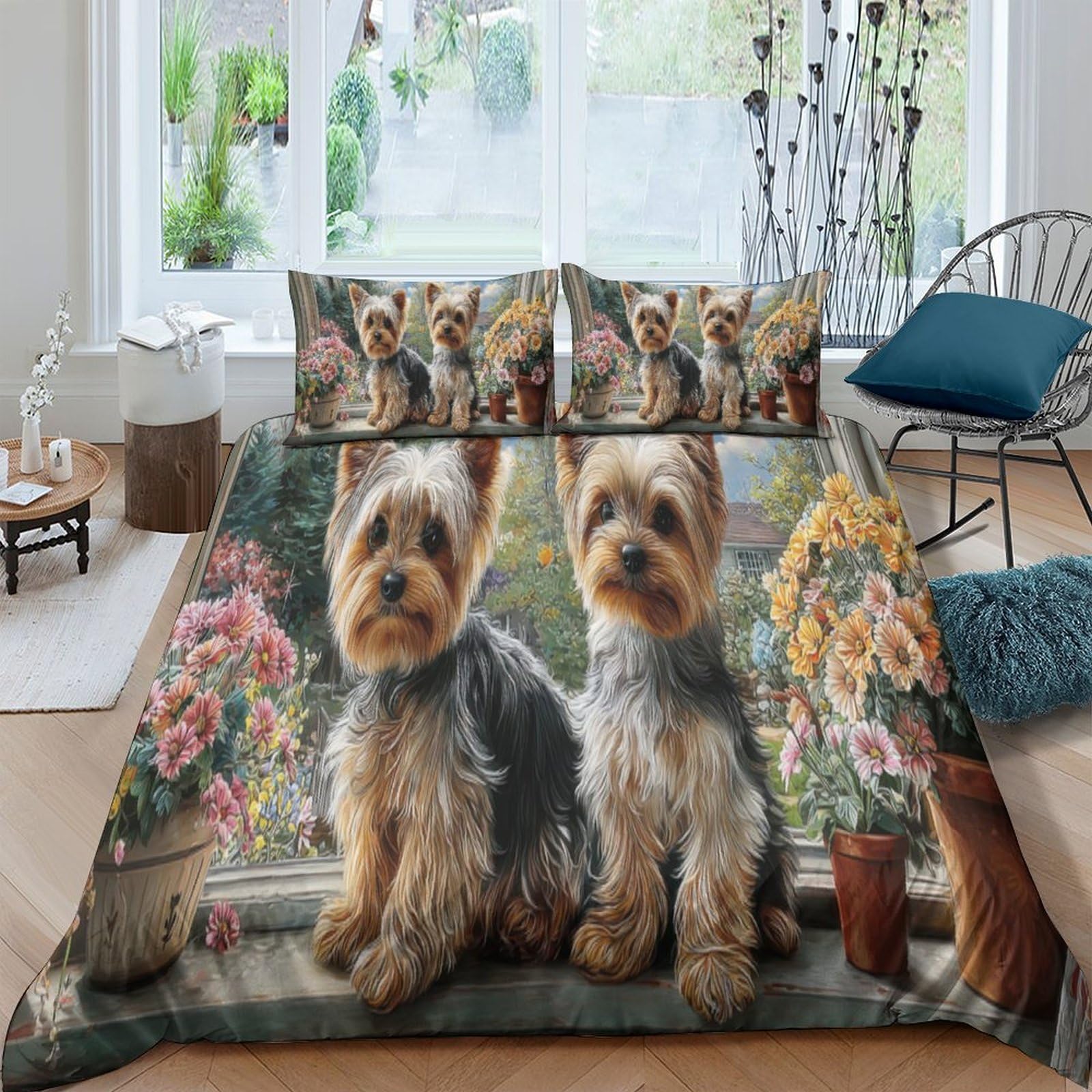 Ctjqhvkz Style-1 3D Printed Cute Yorkshire Dog Fitted Sheet Microfiber Floral Puppy Bed Cover For Bedroom Guest Room Decor Single（135X200cm）