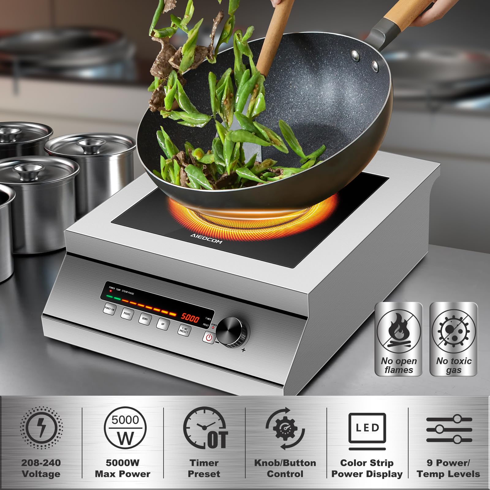 AiedCom 5000W 240V Commercial Induction Cooktop, High Power Induction Electric Stove, Countertop Burner with Press/Knob Controller, LED Strip Display (with 2p Miniature circuit breaker, No Plug)