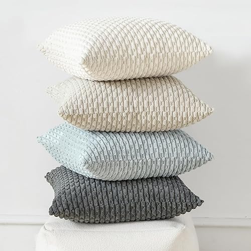 Miniatura 6 de OTOSTAR Juego de 4 fundas de cojín decorativas de pana suave neutra de 16 x 16 pulgadas, fundas de almohada cuadradas a rayas bohemias para sofá,