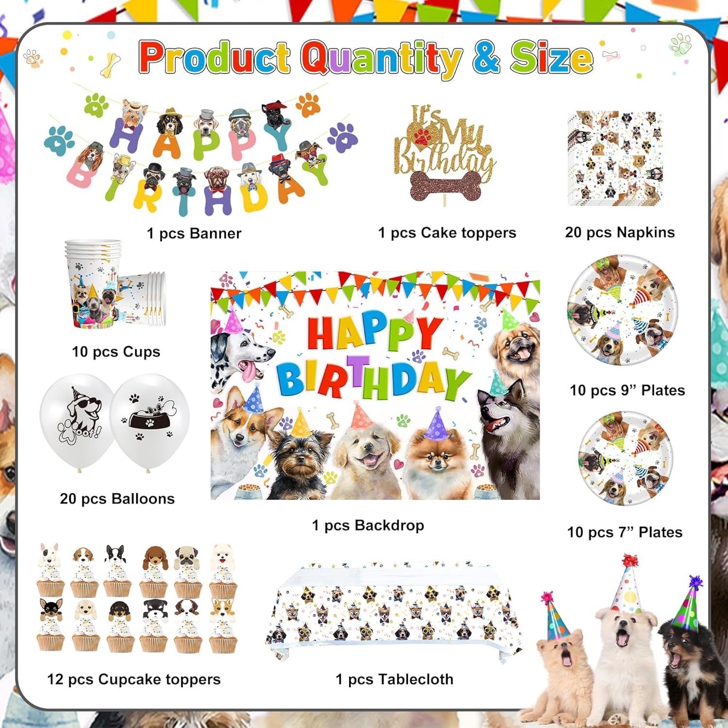 102 PCS Dog Themed Birthday Party Decorations Serves 20 - Puppy Birthday Party Decorations Include Dog Paw Print Balloons Puppy Plates Banner Backdrop Tablecloth Napkins Cake Toppers & Cups