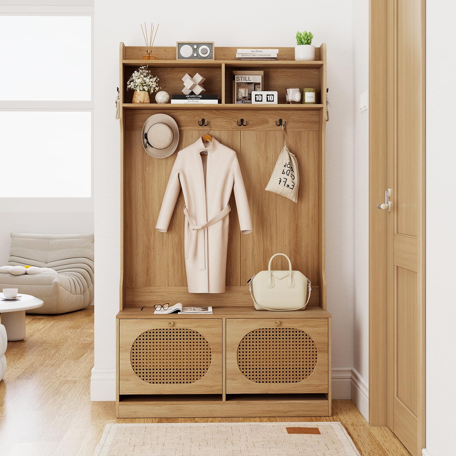 COSTWAY Perchero Zapatero 4 en 1, Muebles de Entrada Recibidor con 2 Cajones Abatibles, Ganchos Duales, Estantes, 101,5 x 40 x 180 cm, Entrada Salon Pasillo