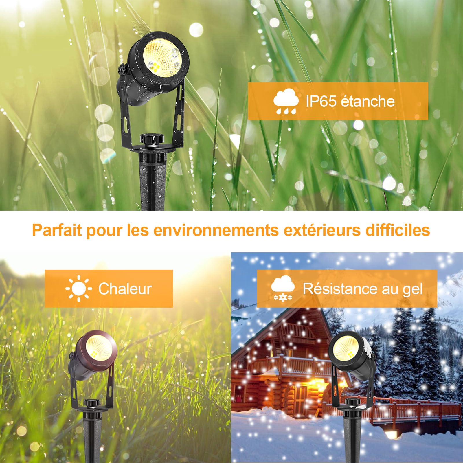 ECOWHO 4 PACK Lampes de Paysage Basse Tension, 12W 15M Câble Spot Extérieur avec Transformateur 12V, IP65 Spot Étanche à Brancher 2700K Blanc Chaud pour Plantes, Pelouse, Arbres