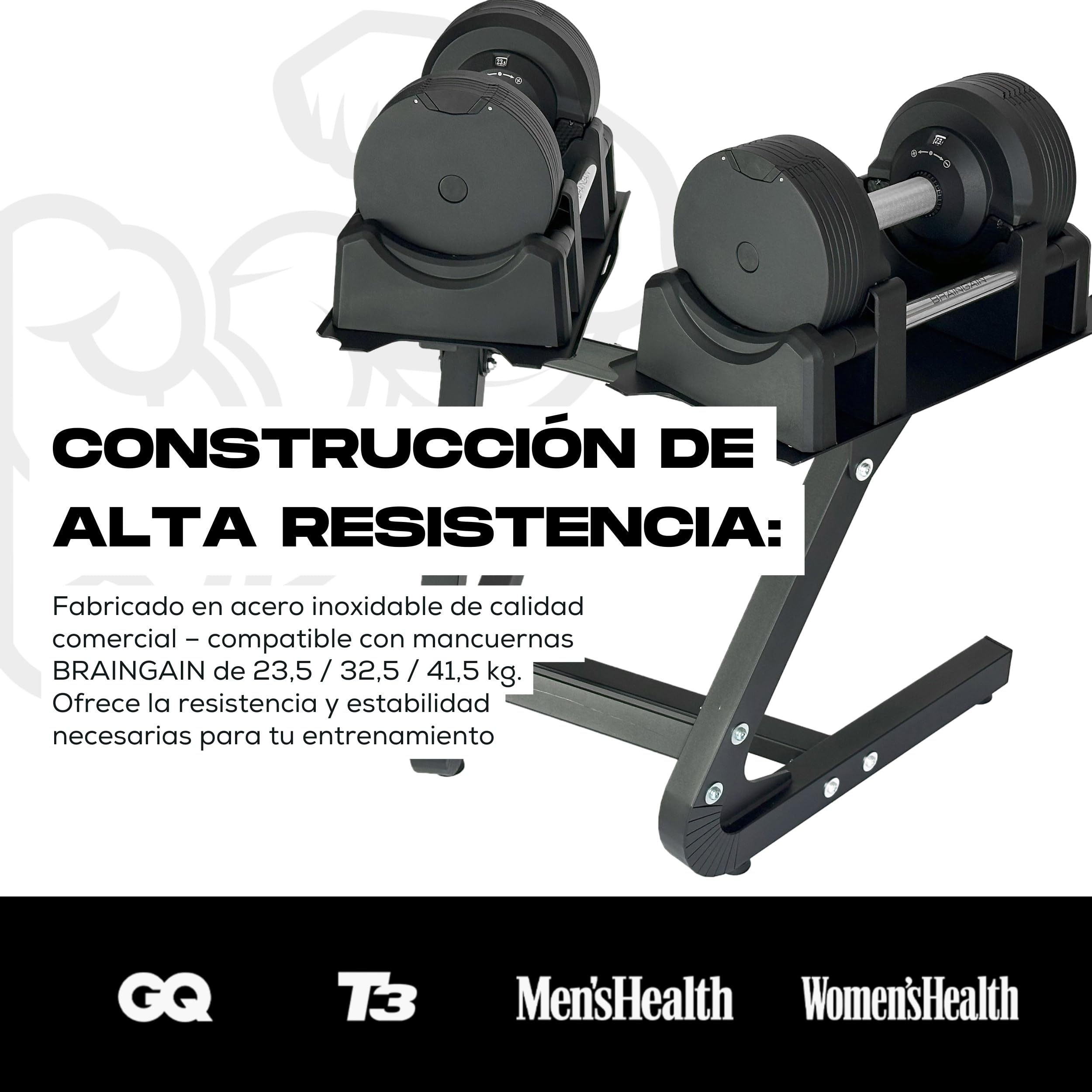 BRAINGAIN Soporte para Pesas – Rack para Mancuernas Ajustables (Compatible con mancuernas BRAINGAIN de 20 kg, 23,5 kg, 32 kg, 32,5 kg y 41,5 kg) Negro/Cromado