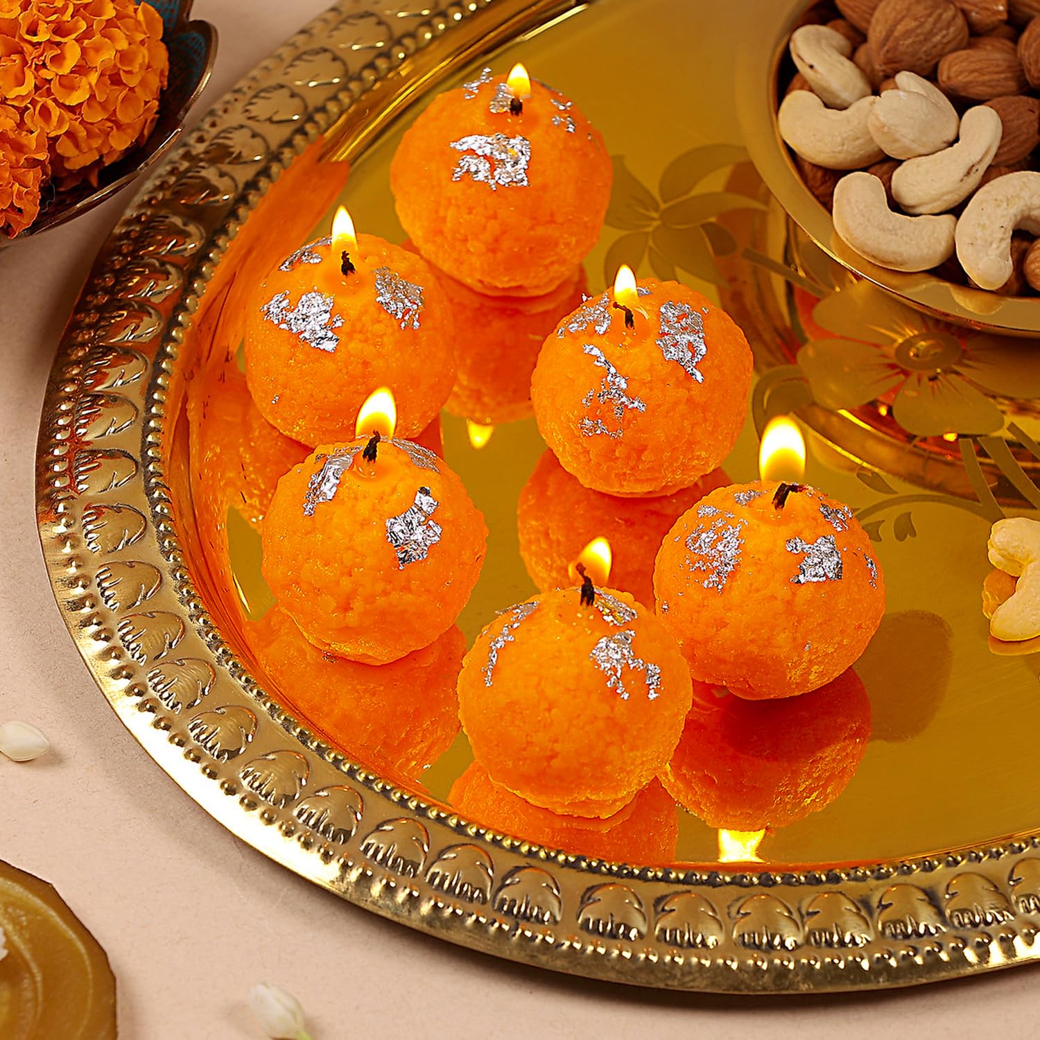 TIED RIBBONS Set of 6 Motichoor Ladoo Shaped Candles for Home, Pooja & Gifting | Wedding & Festival Décor | Diwali Decoration Item for Home, Candle for Diwali Gift (2-3 Hours Burning Time, Unscented)-image-23