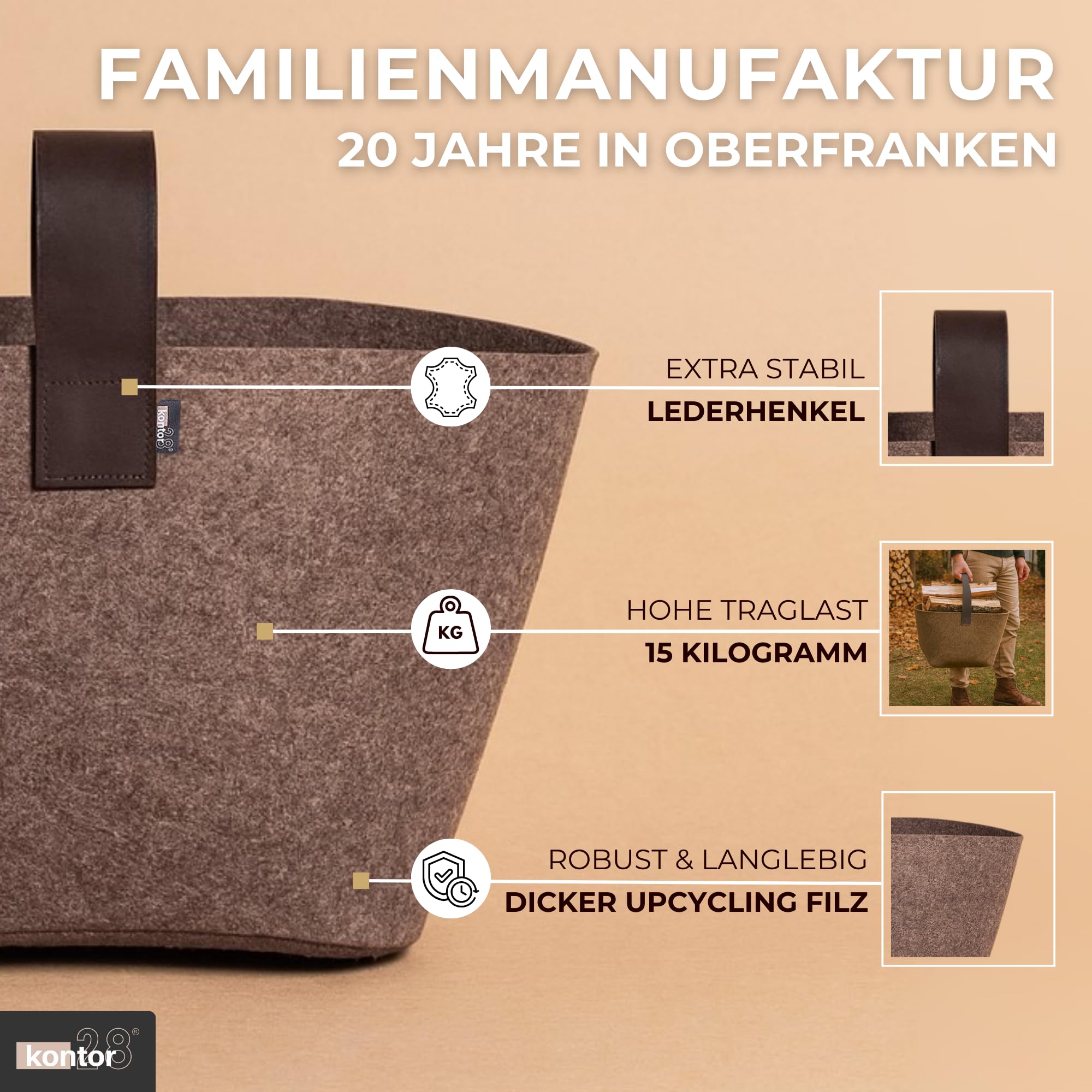 kontor28® - Kaminholzkorb aus Premium Filz 100% MADE IN GERMANY | Brennholzkorb Füllvolumen 40 L mit herausnehmbarem Boden | Feuerholzkorb mit Echtleder-Henkel, robust & standfest - Farbe Naturmeliert