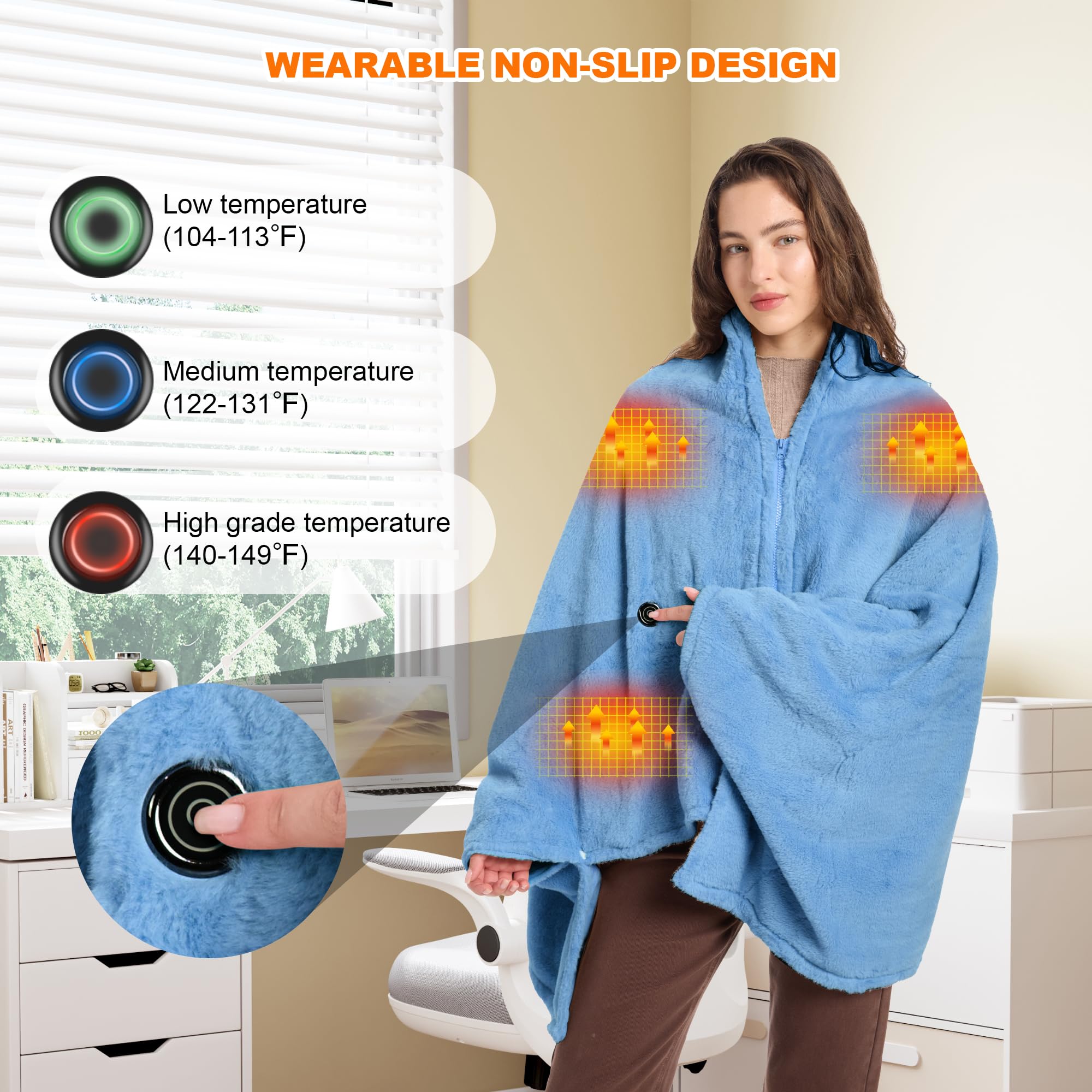 Kabellose Heizdecke mit Akku, 160x90cm Flanell Wärmedecke, 3 Heizstufen für Rücken & Nacken, Waschbar - Ideal für Zuhause, Büro & Camping
