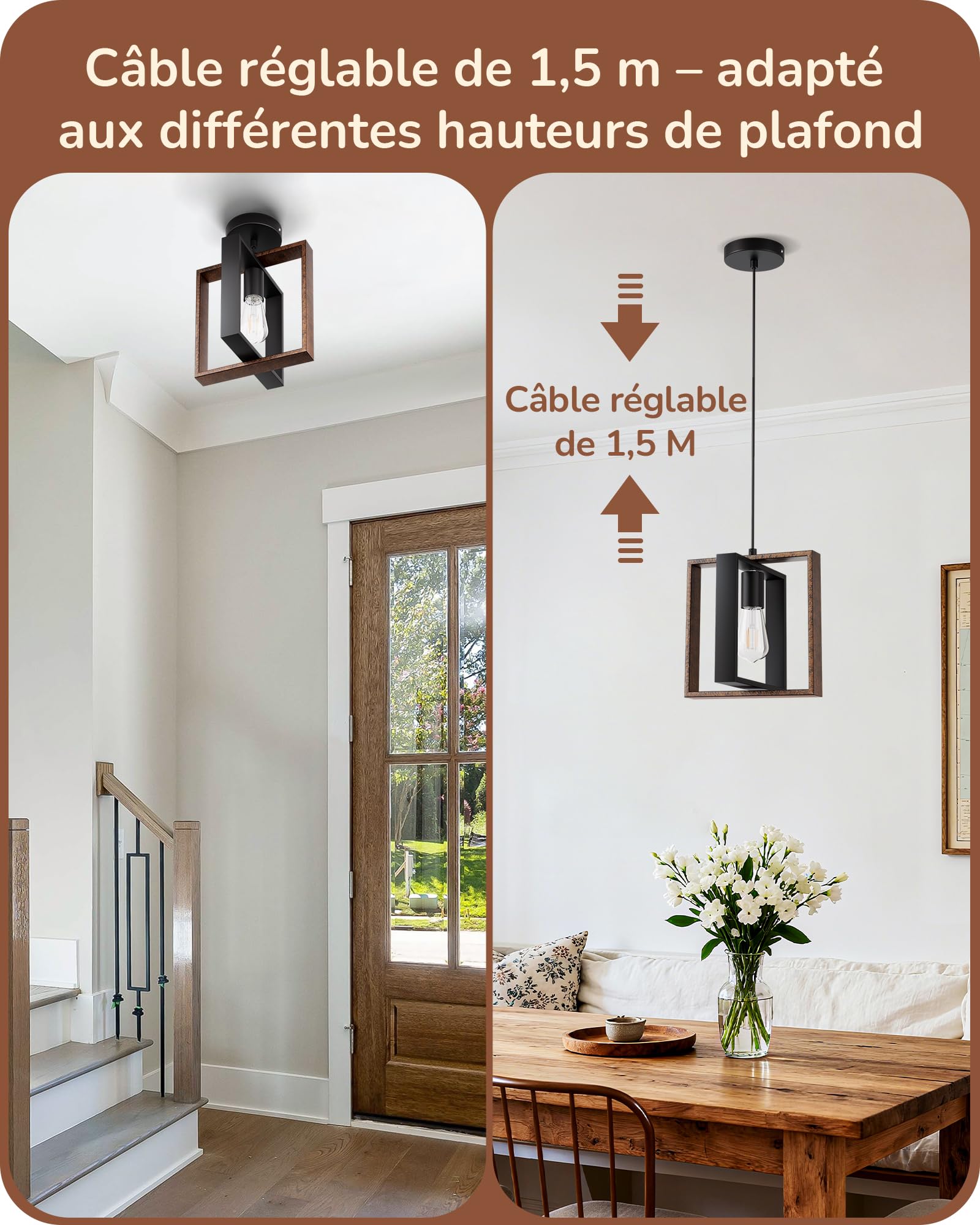 EDISHINE Suspension Luminaire, Design Cadre Carré, Style Maison de Campagne