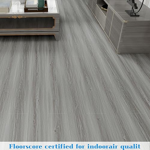 Miniatura 4 de Lareko Azulejos de madera de 18 pies cuadrados, despegar y pegar, paquete de 12 pisos de vinilo gris (sin residuos adhesivos) de 36 x 6 pulgadas,