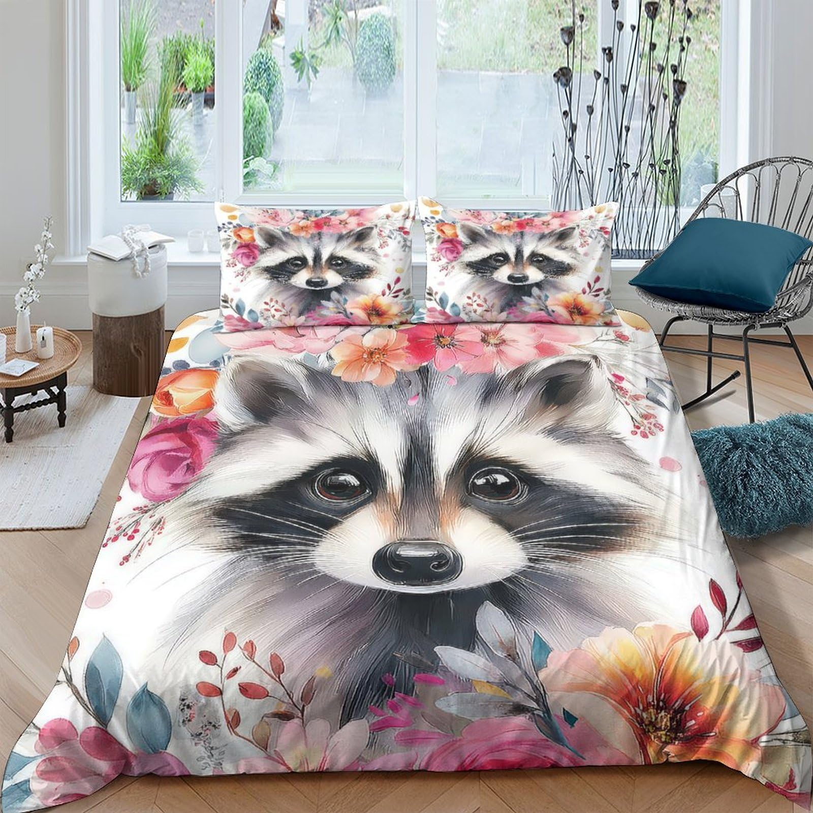 Ctjqhvkz Style-3 3D Printed Raccoon Floral Fitted Sheet Microfiber Soft Breathable Animal Bed Cover For Bedroom Guest Room Decor Single（135X200cm）