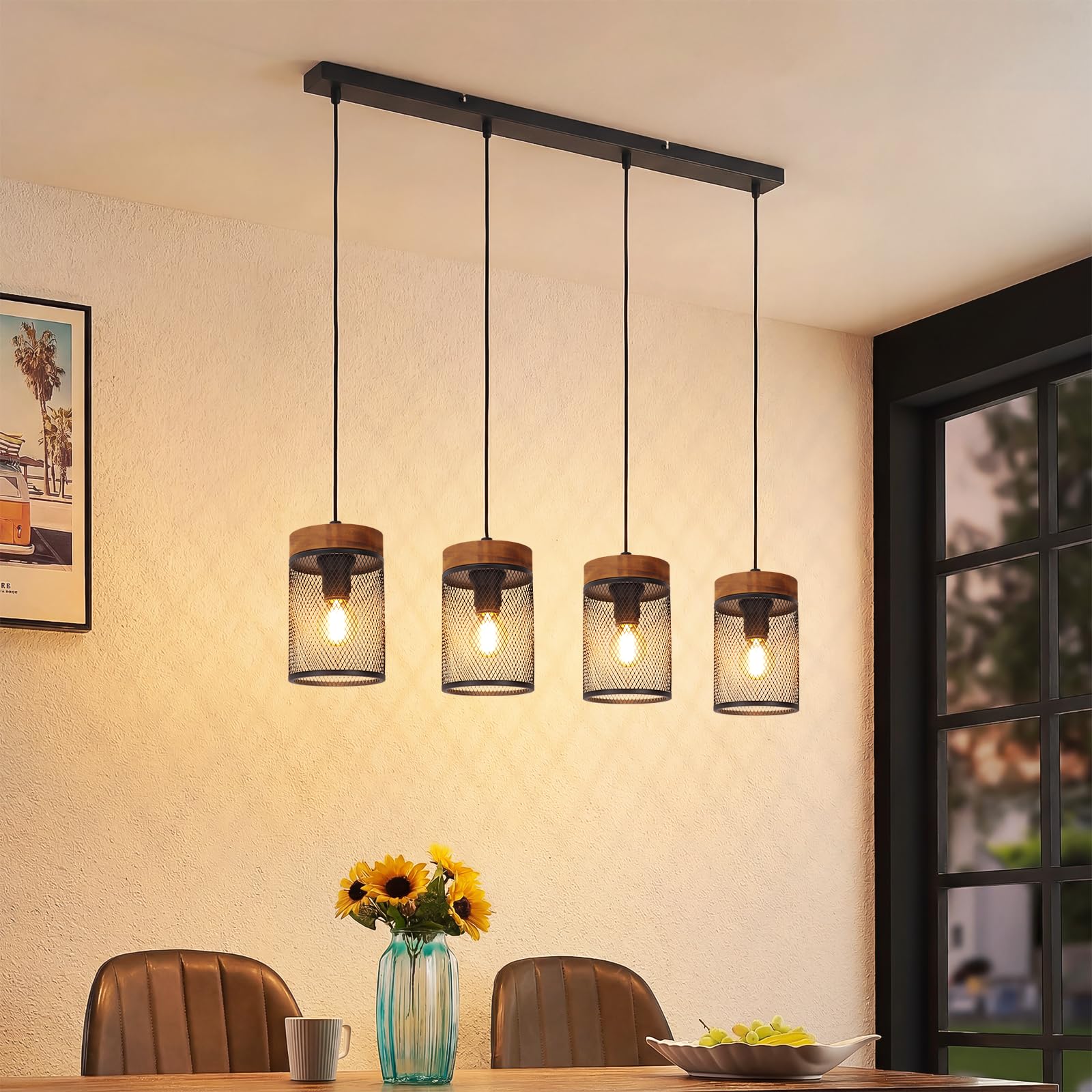 ZMH Vintage black wood pendant lamp pendant lamp for table | dining room with 4 bulbs, retro style dining table lamp, E14 metal pendant light - bulbs not included