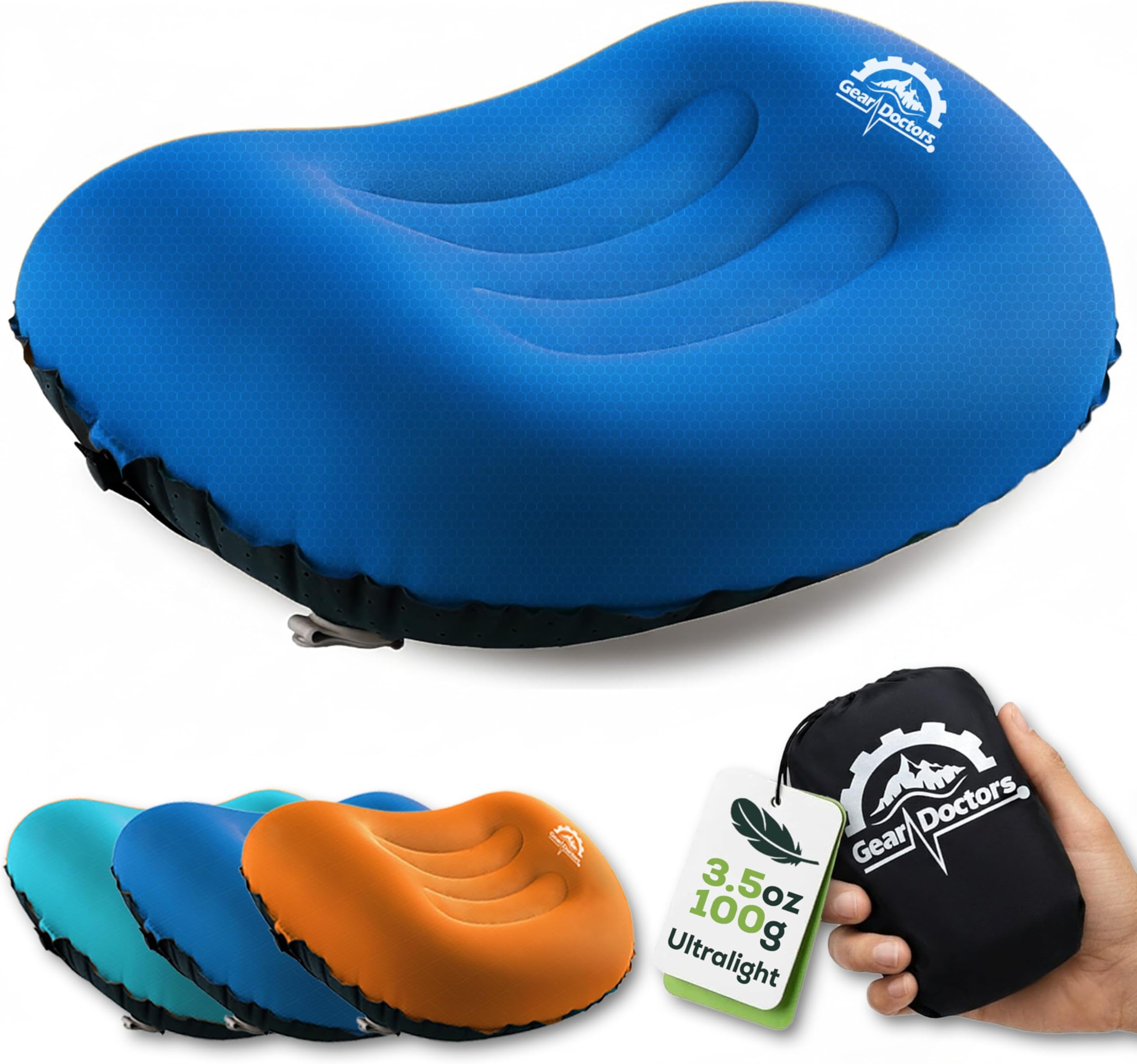Gear Doctors 3.5oz Compact Ultralight Inflatable Camping Pillow —Inflatable Camp Pillow —Backpacking Pillows Ultralight—Camping Pillows for Sleeping, Hiking, Travel, Beach, Office, Neck, Lumper [Blue]
