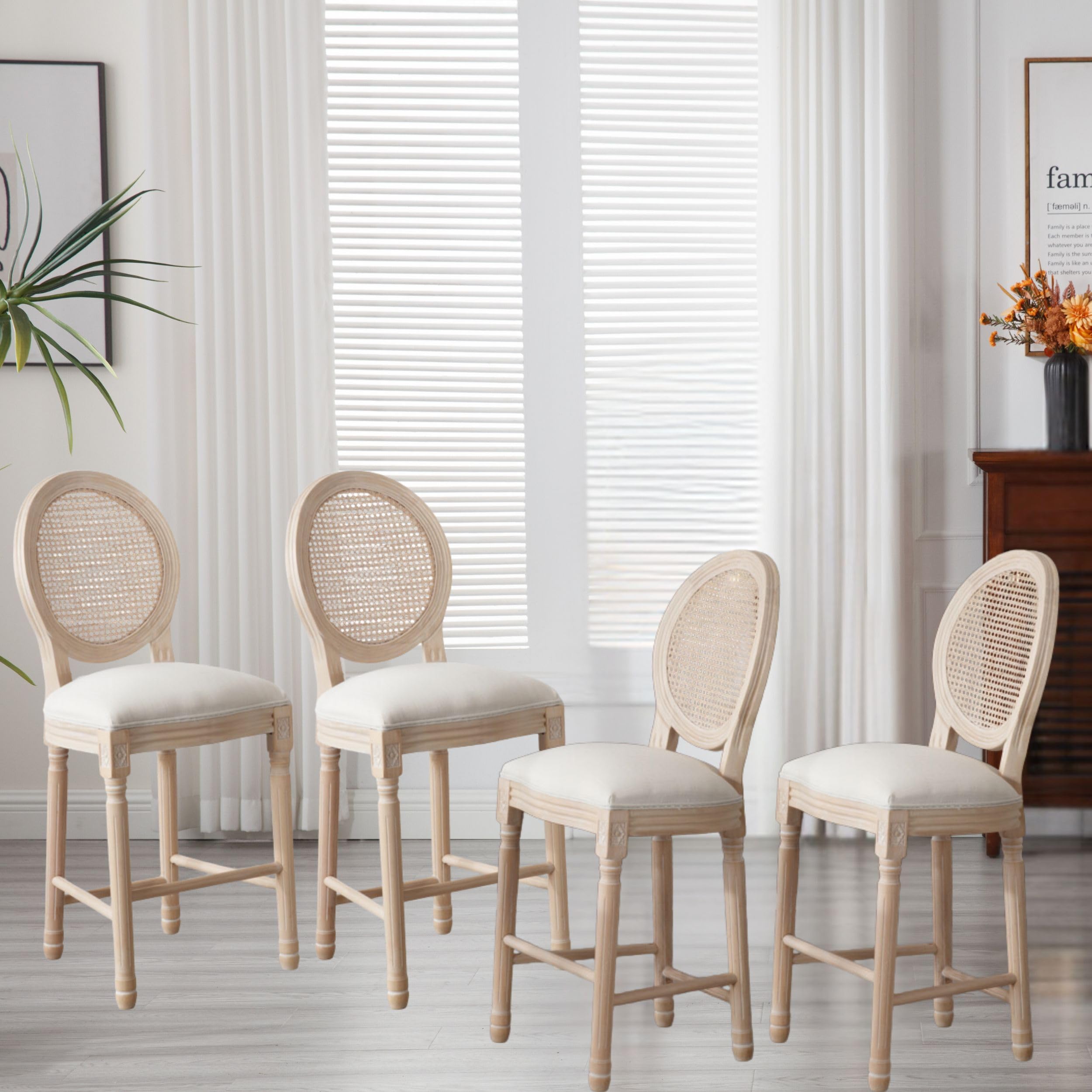 Haplized 26” French Country Bar Stools Set of 4,Upholstered Wooden Counter Stools with Rattan Back,Farmhouse Dining Chairs for Kitchen,Living Room,