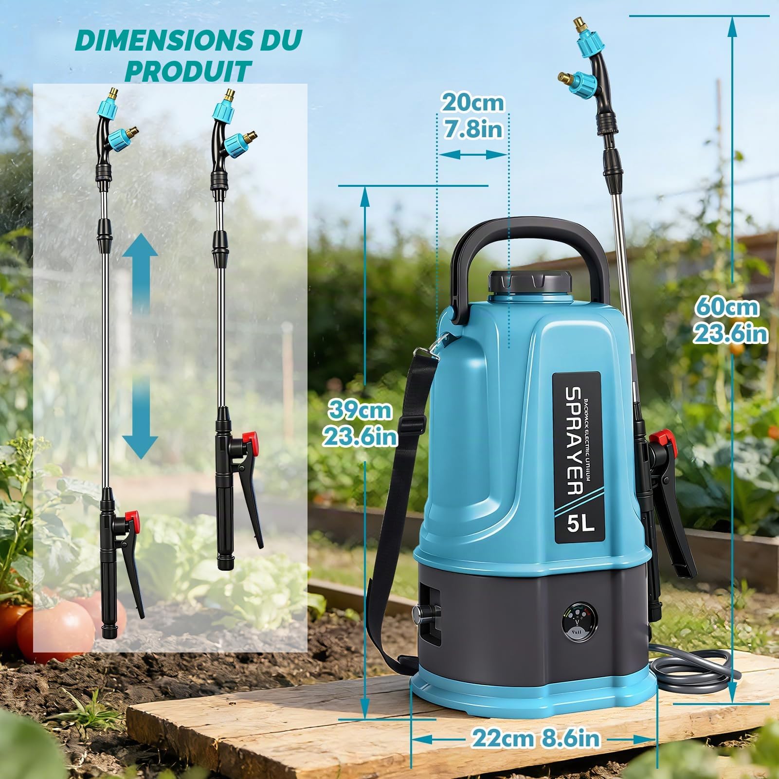 Pulverisateur Electrique 5L,45PSI Pulvérisateur de Jardin Compatible avec Makita 12V Batteries,Pulvérisateur à Batterie avec 5 Buses Reglables,Lance Télescopique,2.0 Ah Batterie,Chargeur