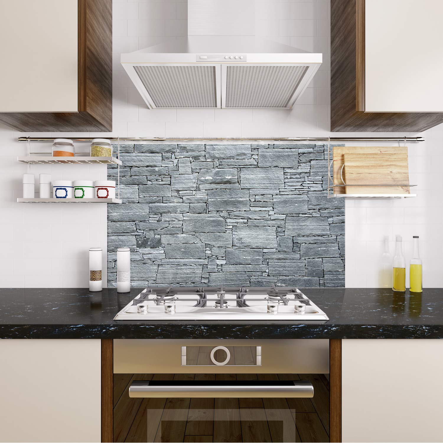 GRAZDesign Küchenrückwand Steinoptik Grau - Spritzschutz Glas Küche - für Herd und Spüle - Glasrückwand für Küche Edles ESG Glas, 80x60cm