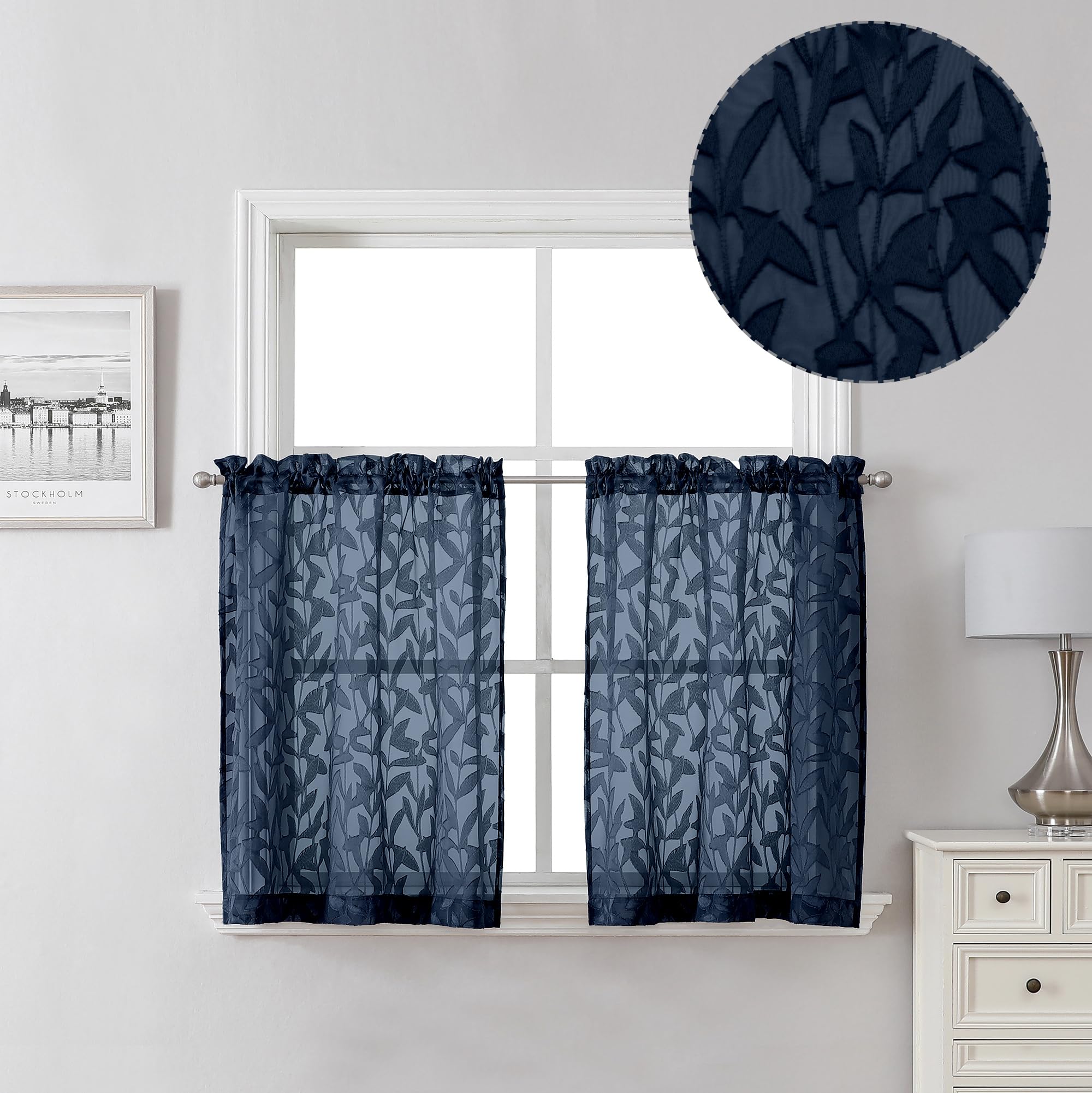 Lecloud Leia Navy Blue Sheer Cafe Curtains 24 Inch Length 2 Pieces, Jacquard Clip Textured Leaf Semi Voile Curtain Valances for Windows, Dual Rod Pockets Living Room/Bedroom/Kitchen Tiers, 38W x 24L