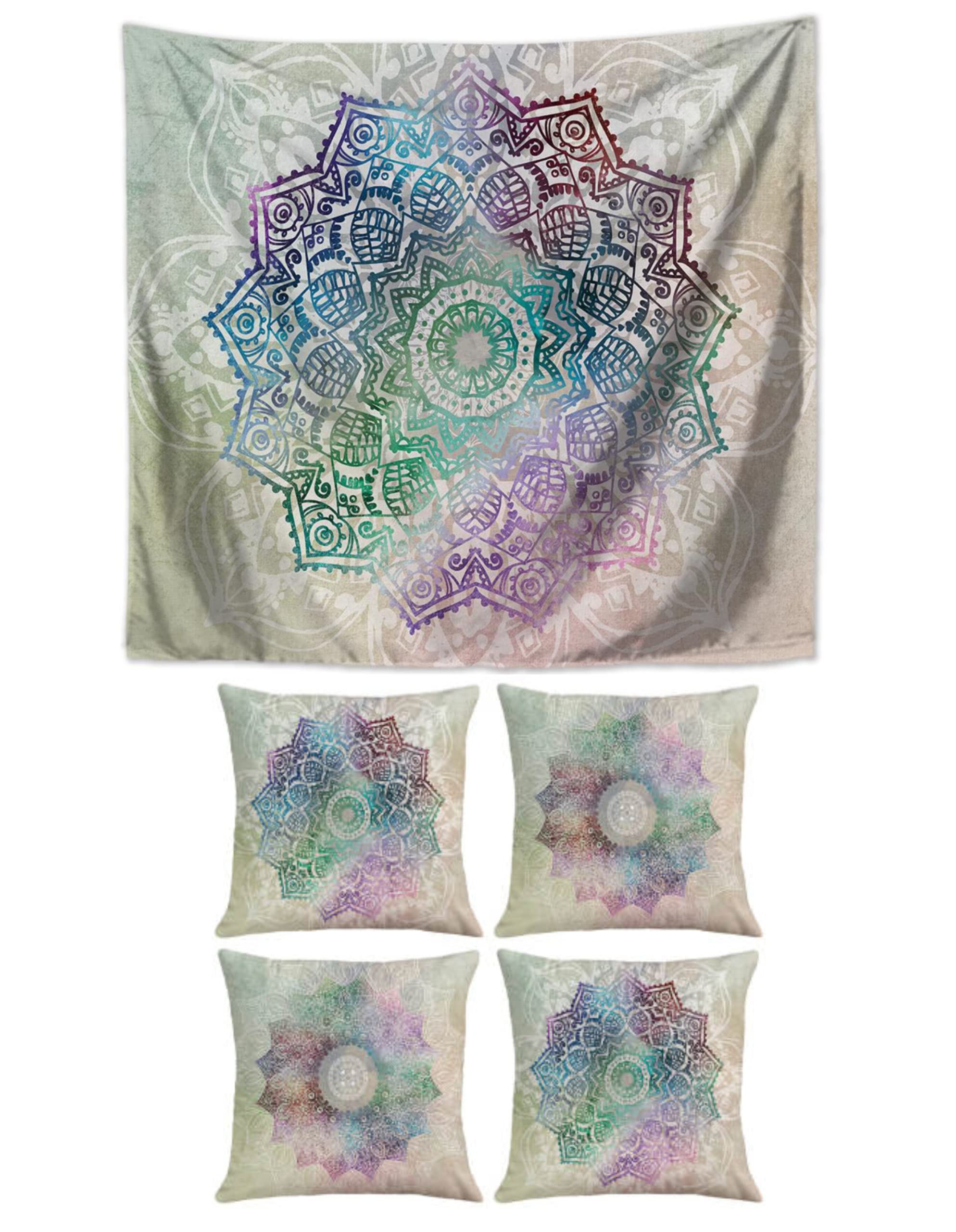 Housses de coussin 45x45 cm et tapisserie murale mandala pour salon