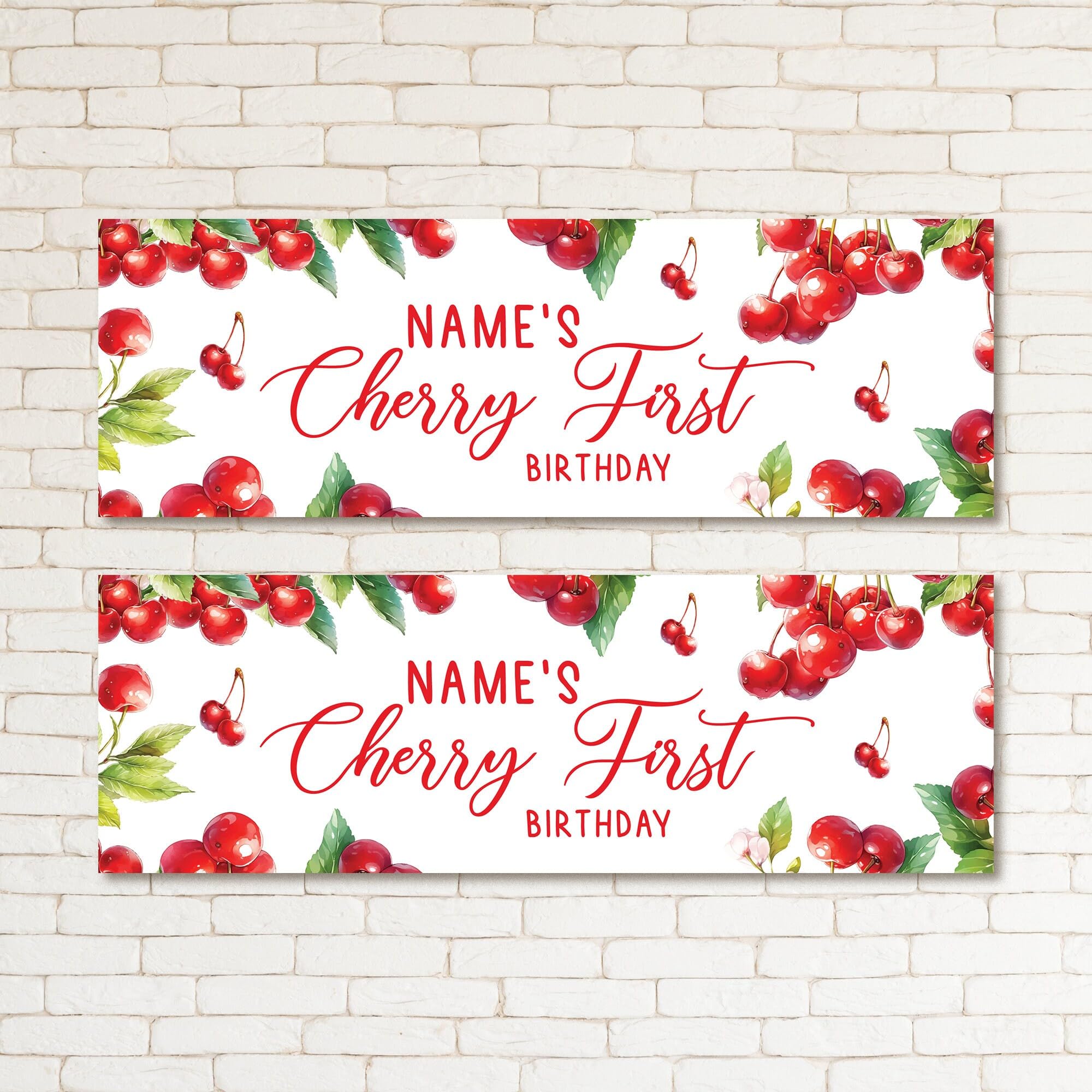 Set of Two Personalized Cherry 1st Birthday Banner - First Milestone Celebration Party Decorations and Event Decor