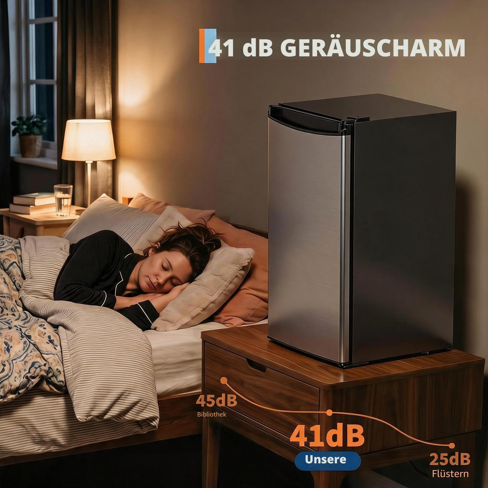 Kompakter Kühlschrank 45 Liter, Geräuscharmer Mini-Kühlschrank mit Edelstahlfront, 5 Kühlstufen (0–18 °C), herausnehmbares Gemüsefach, höhenverstellbare Standfüße, Für Zimmer, Büro