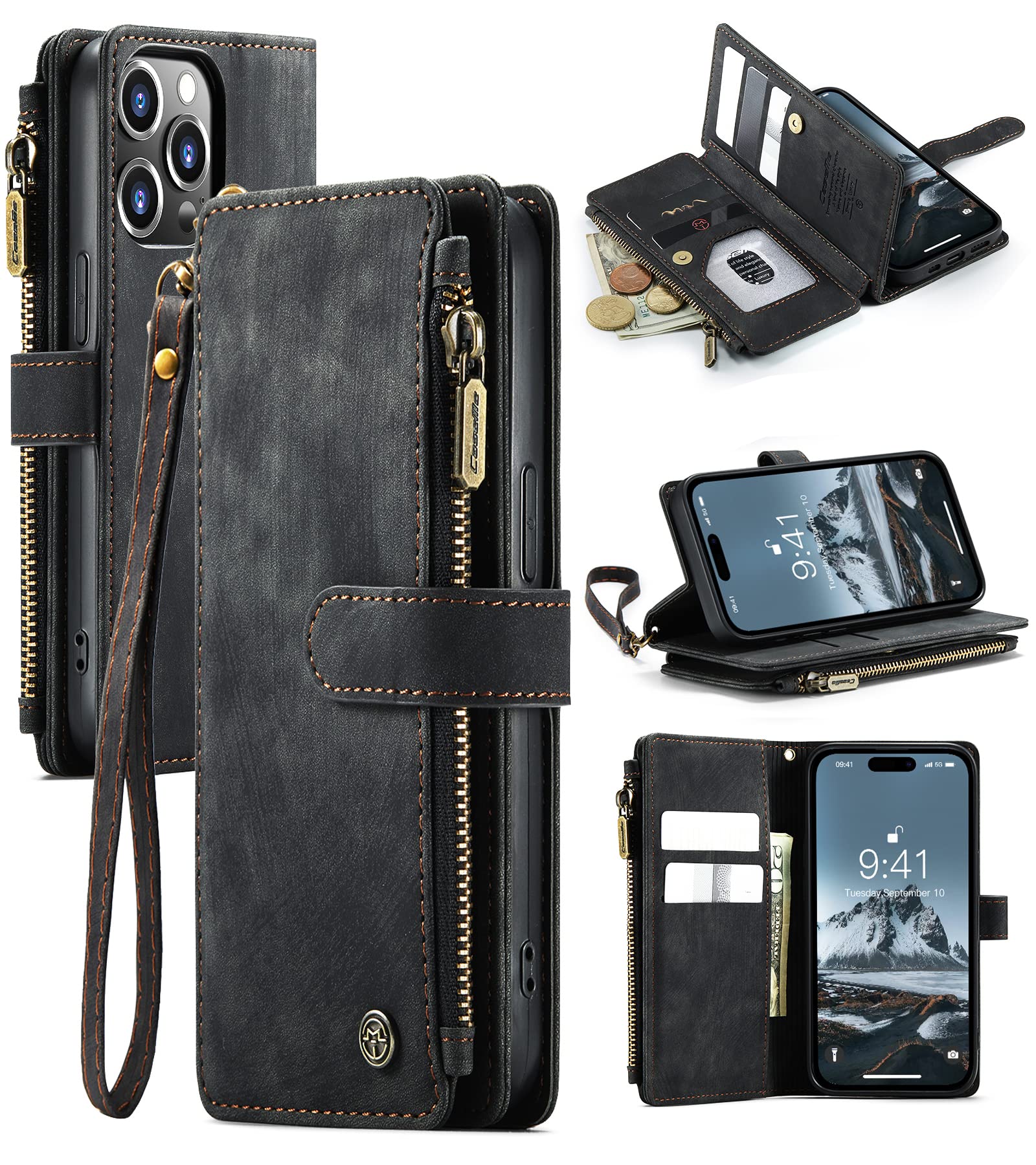 CaseMe iPhone 14 Pro Wallet Case, iPhone 14 Pro Case with Card Holder, 2023 Upgraded iPhone 14 Pro Case for Women Men, iPhone 14 Pro Protective Case with Magnetic Kickstand Wrist Strap, Retro Black