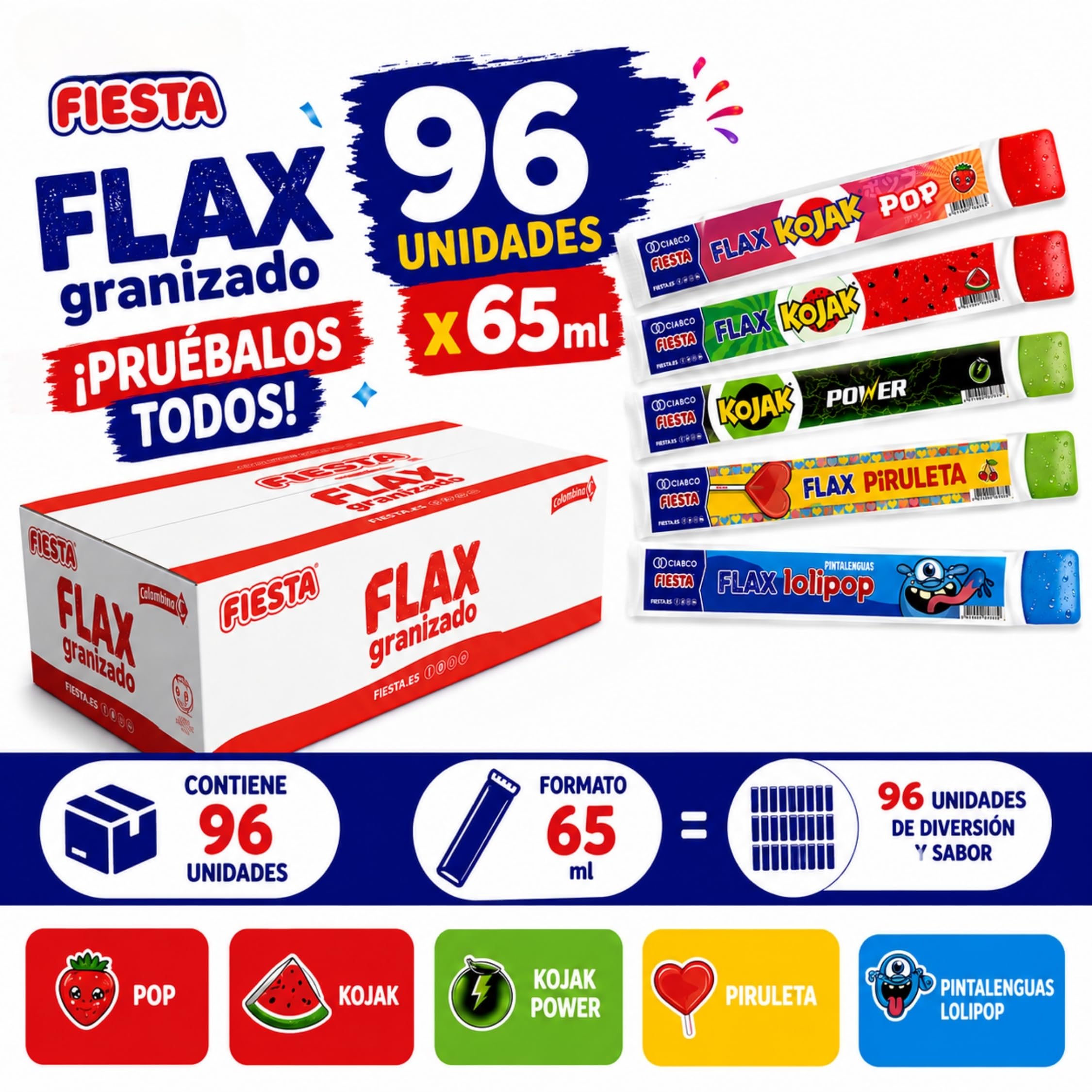 Fiesta Flax Granizado Surtido 96 Unidades x 65ml - Sabores Kojak, Power, Piruleta y Pintalenguas - 6240ml - Distribuido por Laborawi