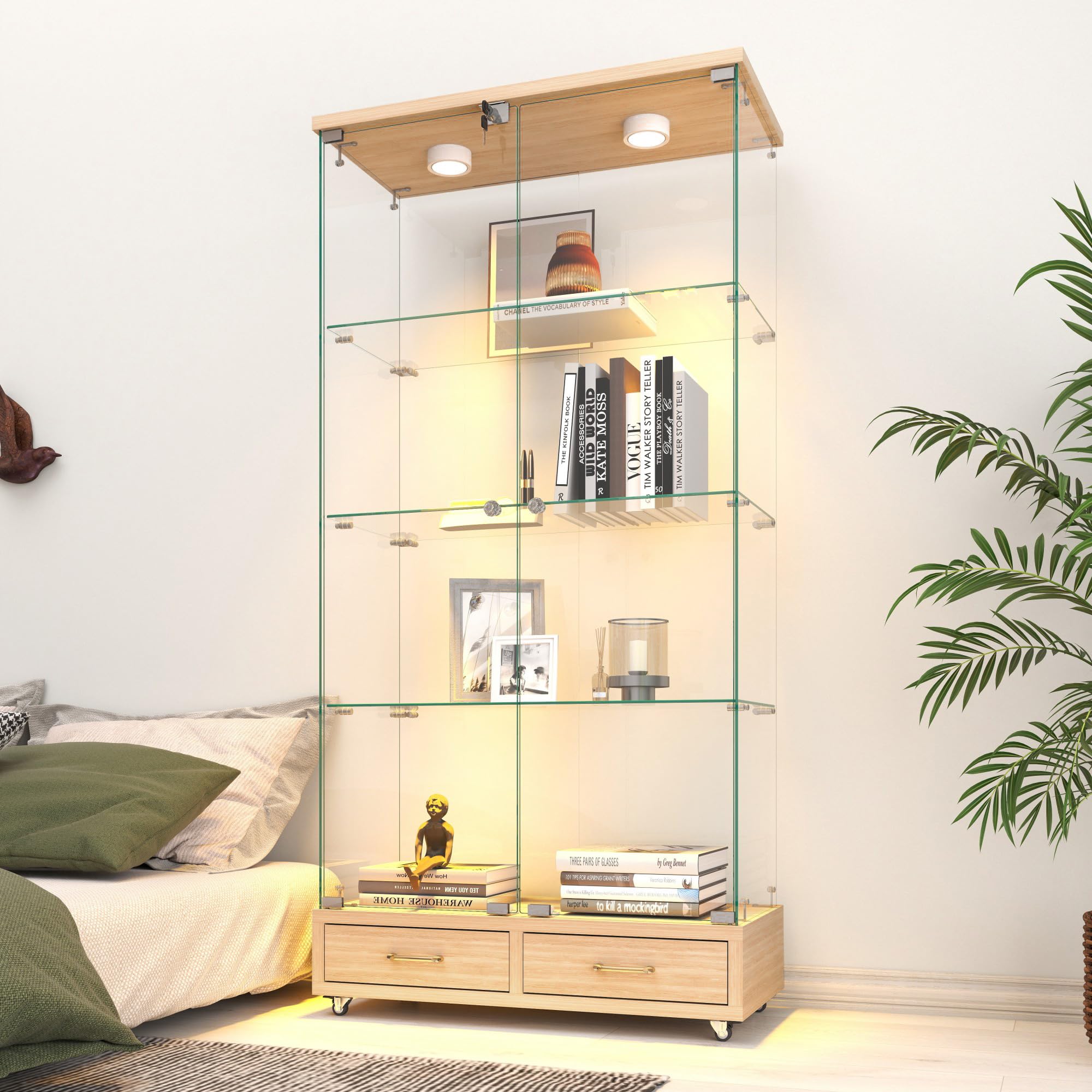 Gnrolaz Glass Display Cabinet with 2 Doors, 2 Drawers,Lights and 4 Shelves,Modern LED Glass Curio Cabinets Floor Standing Storage Collection Display