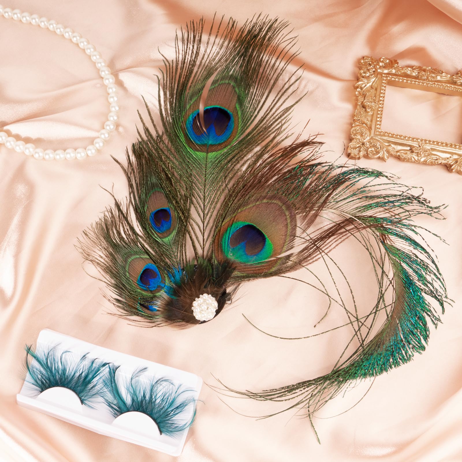 BETESSIN Pfau Kostüm Set – Falsche Wimpern & Haarspange Mit Pfauenfedern, Blaugrün, Für 1920er Partys, Karneval, Fasching & Cosplay