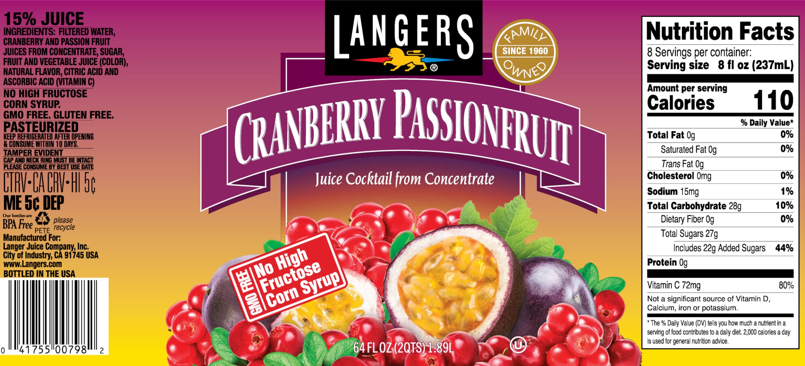 Langers Cranberry Variety Pack, Cranberry Cocktail, Raspberry, Passionfruit, Blood Orange, 64 fl oz (Pack of 4)