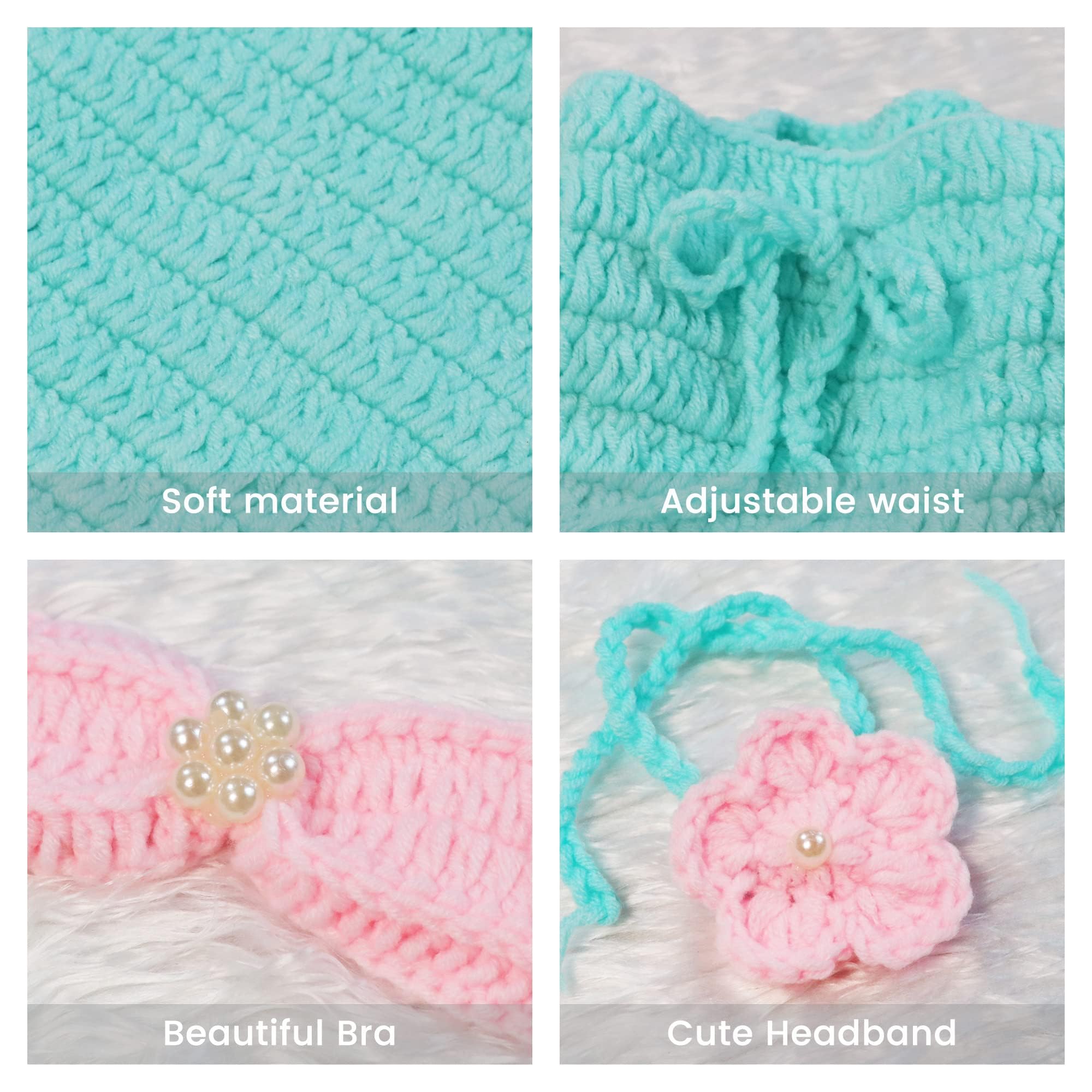 3 PCS Requisiti Fotografici per Neonati, Outfit da Sirena per Foto di Neonati, Set di Costumi da Sirena Fatto a Mano a Crochet, Include Corona, Reggiseno, Coda, Costume da Sirena per Bambini