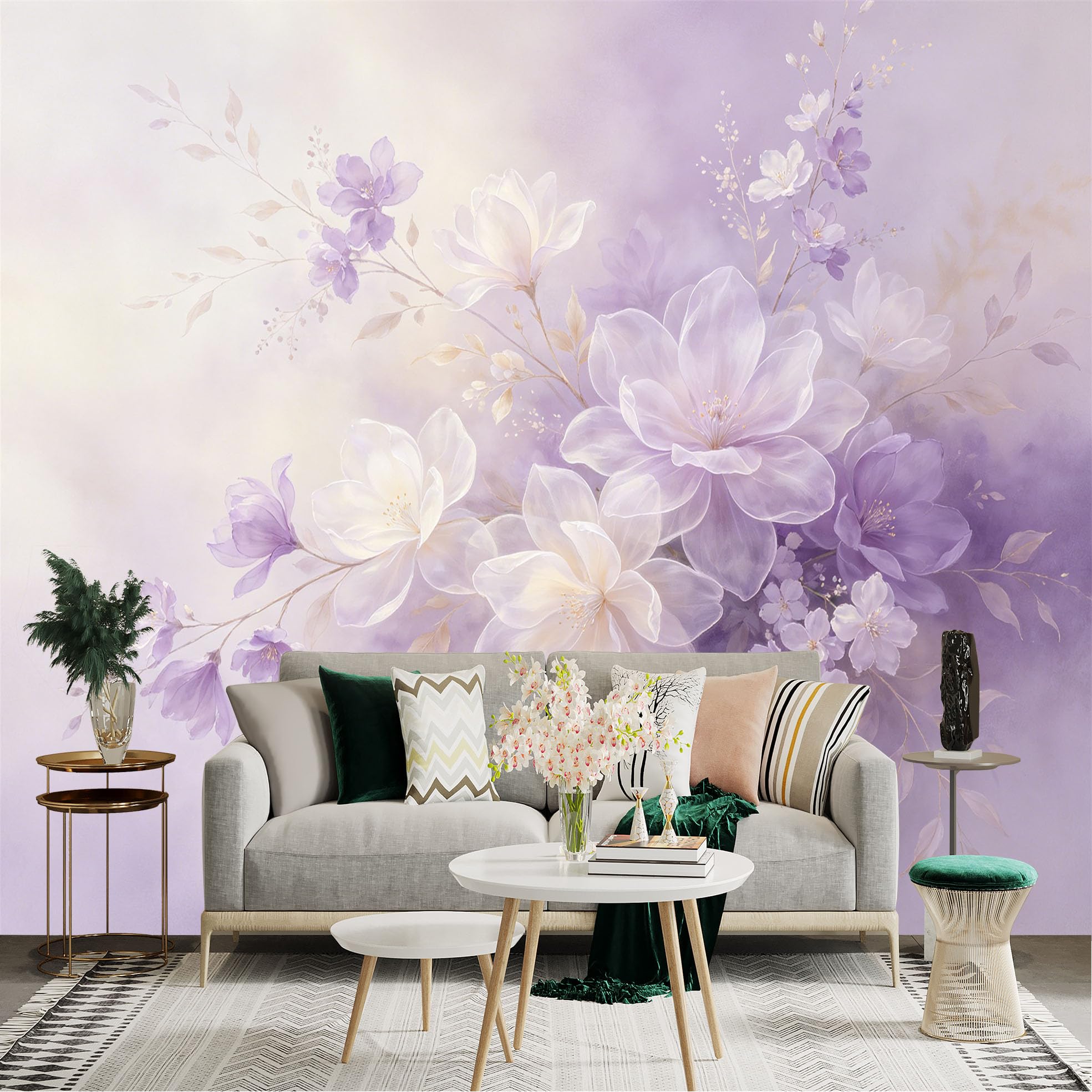 Lnzczhyre Dbh260521955 Custom Size Wall Sticker Mural， Elegant Purple Watercolor Flowers， Soft Floral Botanical Art， Dreamy Aesthetic Bloom， For Wall Decoration， Peelandstick Wall Decals.