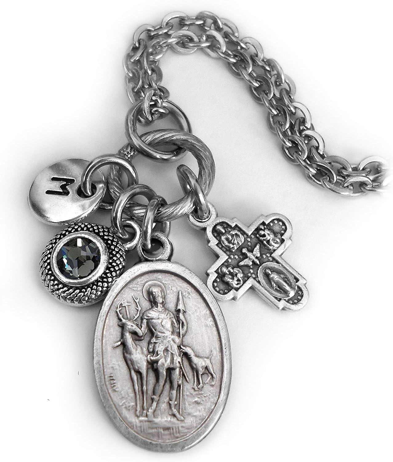 St. Hubert Necklace, Keychain or Clip, Patron Saint of Hunters, Crystal Pendant and Initial Charm