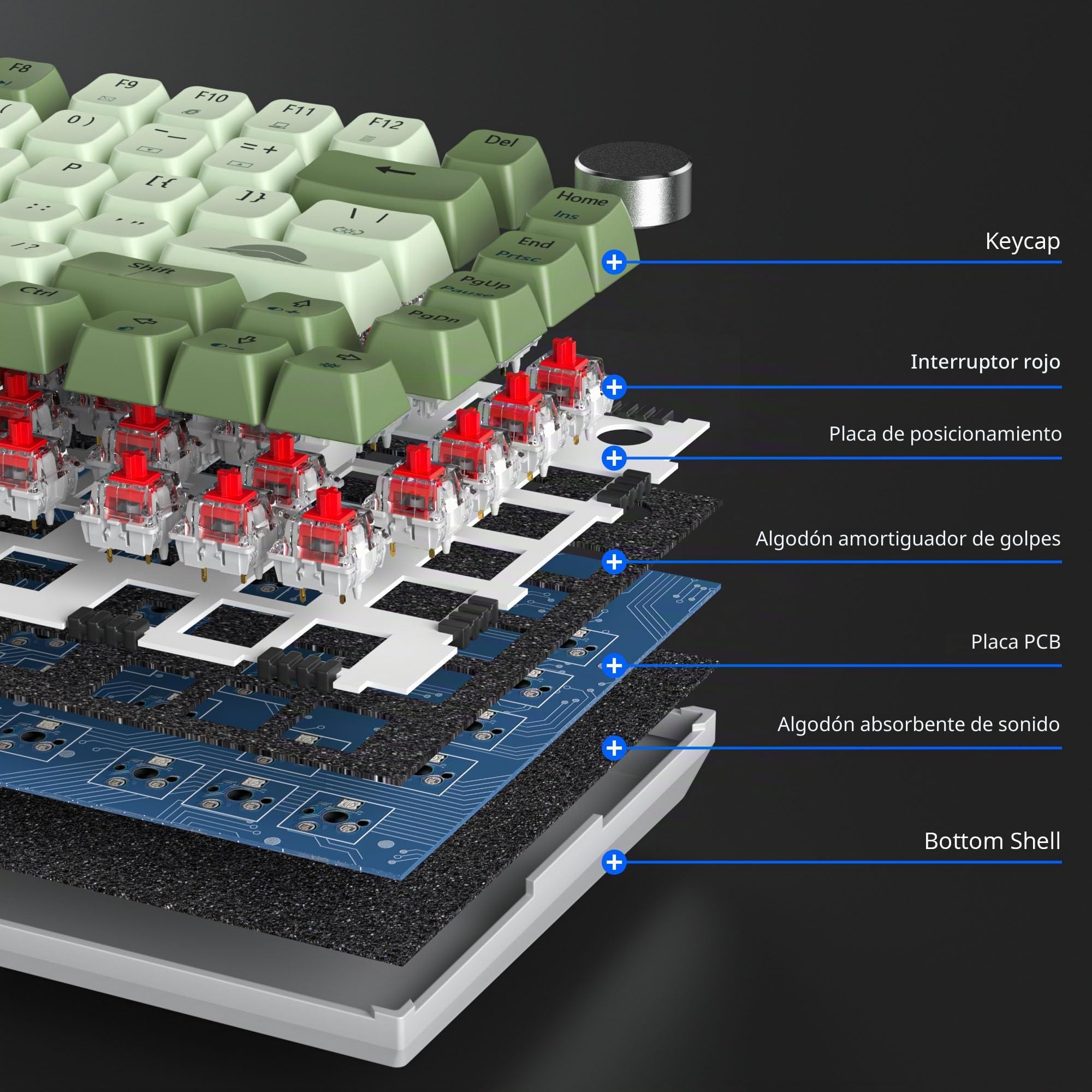 SOLIDEE Teclado Intercambiable en Caliente 75%,Retroiluminación RGB con Interruptor Rojo,TTeclado para Juegos de 82 Teclas TKL,Teclado Compacto NKRO con Control de Perilla de Aluminio(82 Matcha)