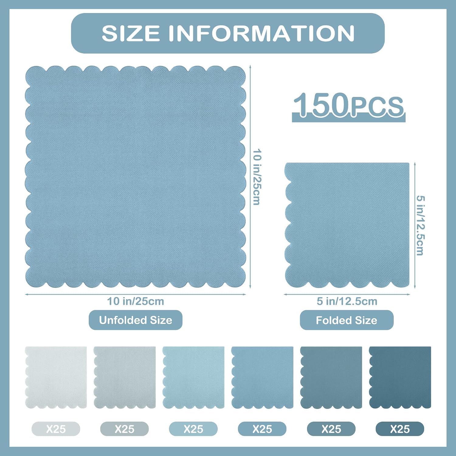 durony 150 Pack Scalloped Napkins 5 x 5 Inch Disposable Paper Napkins Gradient Color Napkins with Scalloped Edges for Dinner Wedding Birthday Party Supplies, Fog Blue image 2
