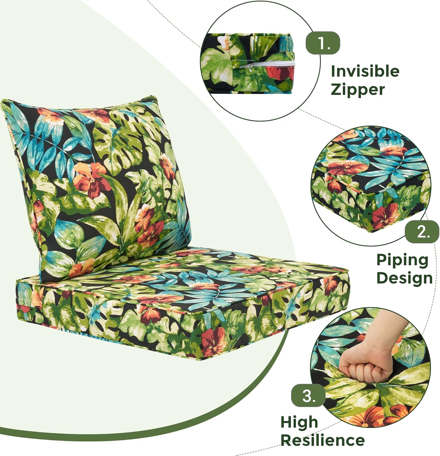 Outdoor Deep Seat Cushion Set 24 x 24 Inch, Waterproof Patio Furniture Cushions with Removable Cover, Outdoor Chair Cushions for Couch, Sofa and Patio Chairs, Tropical Green Leaves