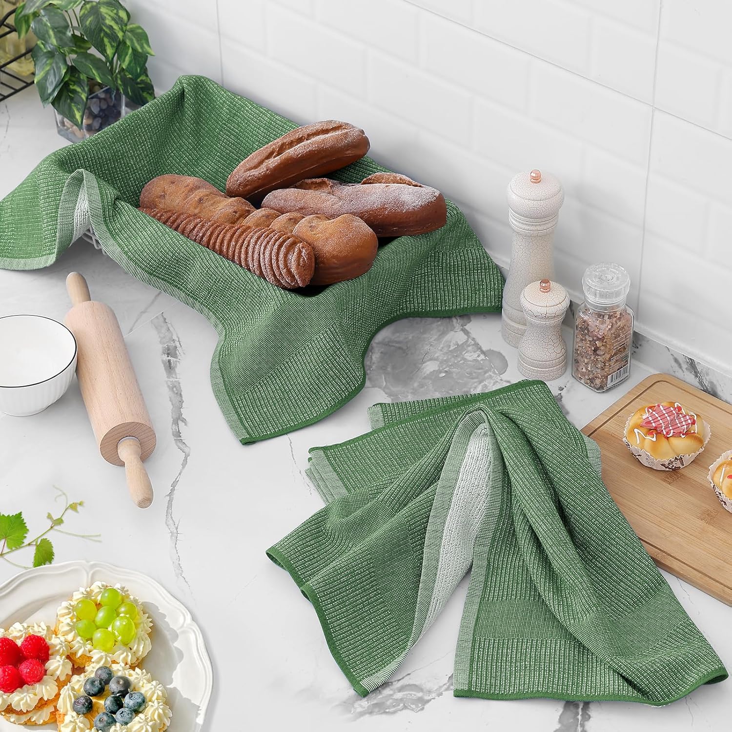 Homaxy Premium Kitchen Towels(18”x 28”, 6 Pack), Large Cotton Kitchen Hand Towels, Flat and Terry Dish Towels, 380 GSM Highly Absorbent Tea Towel Set with Hanging Loop, Grass Green - Image 6