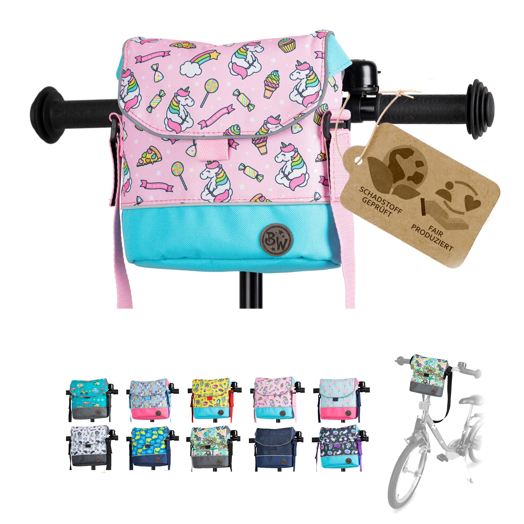 BAMBINIWELT Sacoche de guidon pour enfants – Sacoche de vélo pour enfants, sacoche pour draisienne et panier de guidon avec bandoulière – compatible avec Puky, Woom & Roller – hydrofuge et robuste