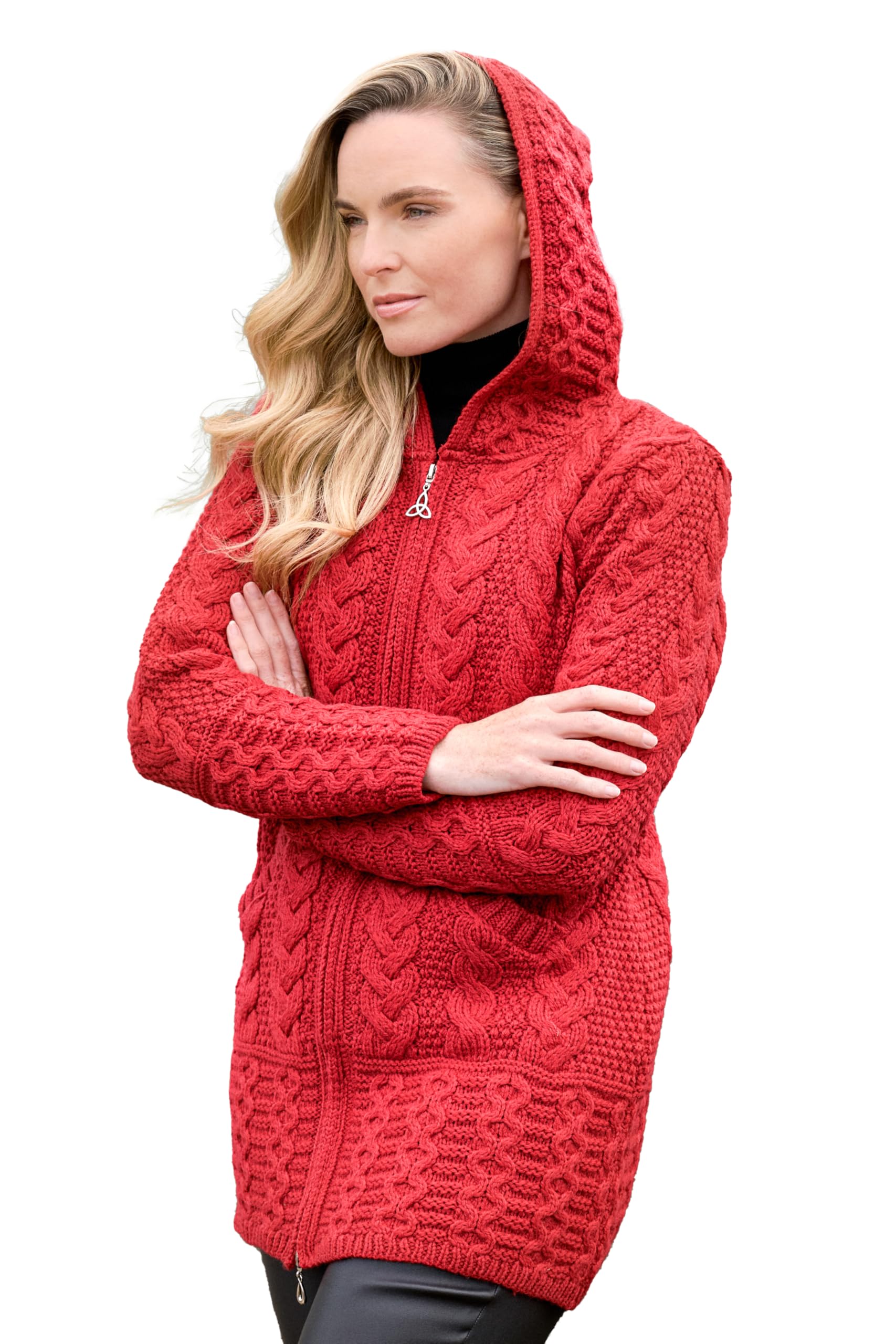 Aran Crafts Irish Women's Cable Knit Hooded Wool Coat (HD4025)