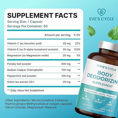 Miniatura 7 de Suplemento desodorizante corporal  Desodorante interno natural cápsulas de clorofila con clorofilina, perejil y menta  60 pastillas veganas de 500