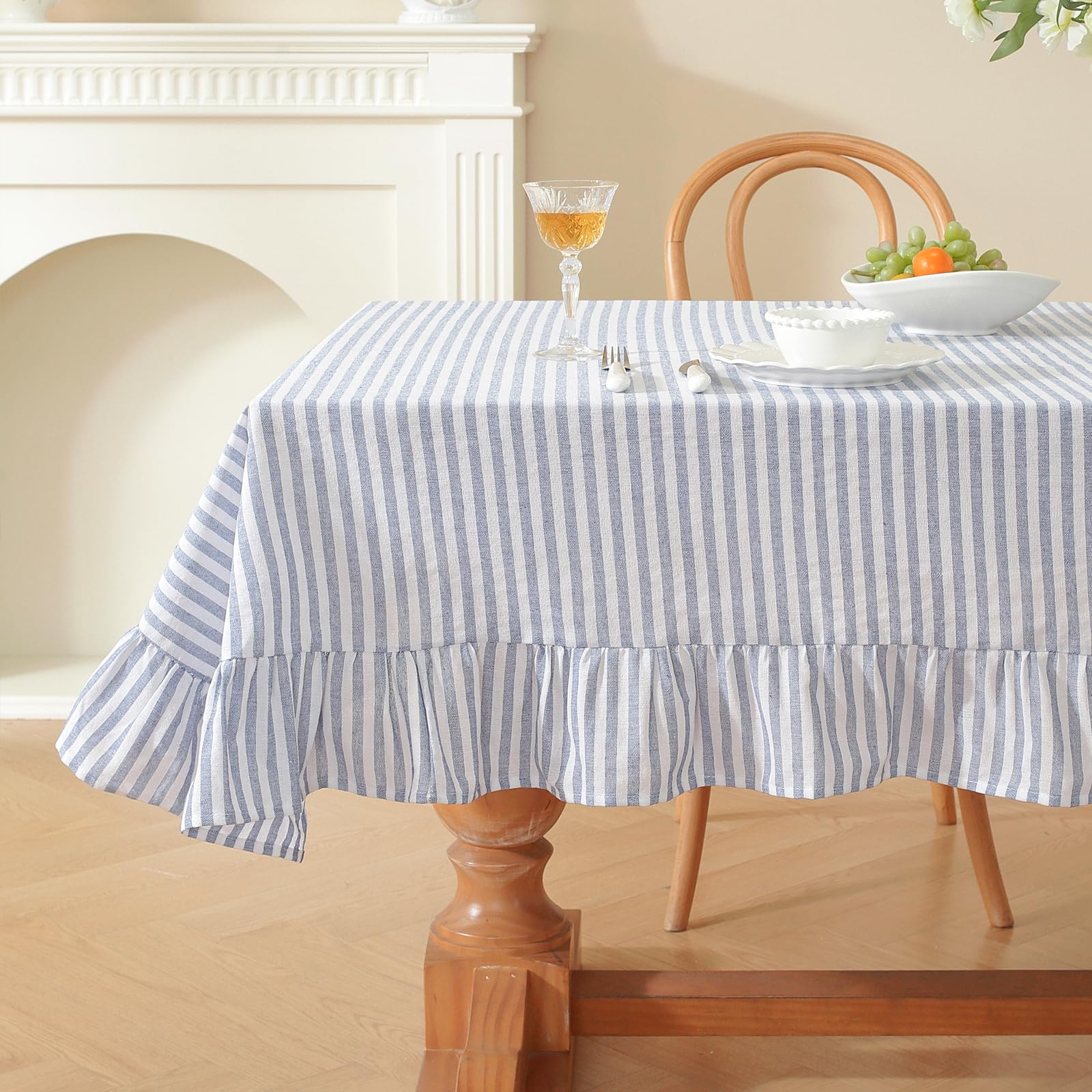 Photo 1 of meioro Striped Ruffled Tablecloth - Blue, 60"x60"