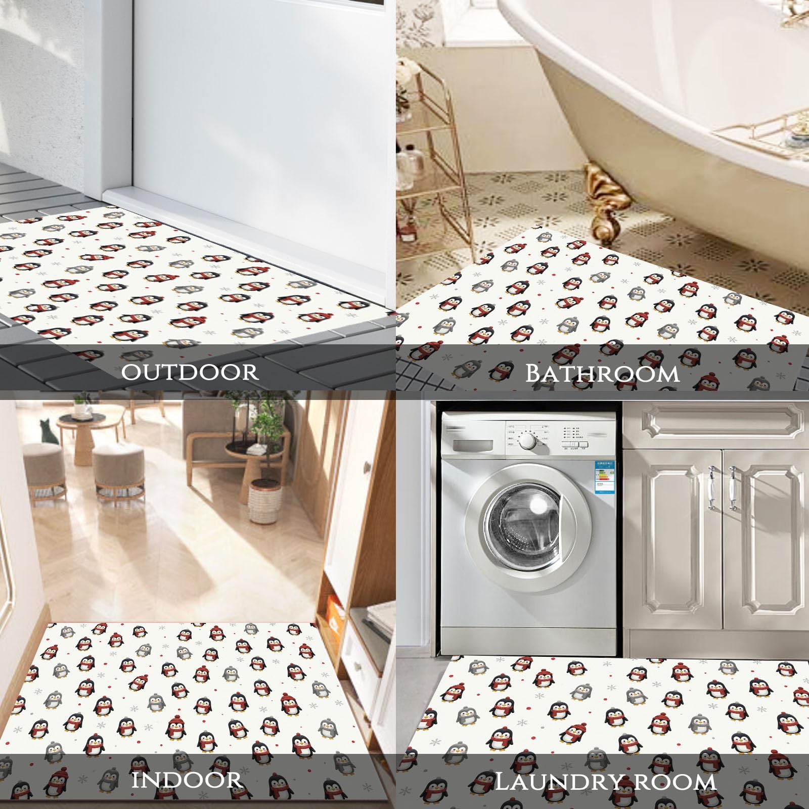 Fußmatte Innen Winterlicher Weihnachts, 60x120 cm | Rutschfester Waschbarer Fussmatte Weihnachtspinguin Kurzflor Weich Teppich Eingangsteppich, Sauberlaufmatte, Schmutzfangmatte, Leicht zu Reinigen