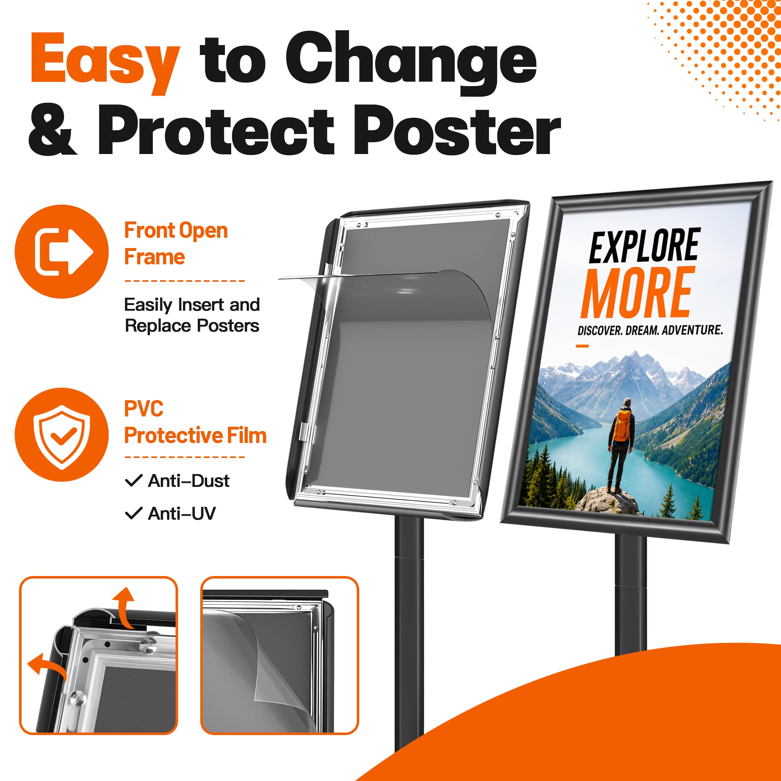 Supporto resistente per cartelli, 28 x 43 cm, supporto per cartelli da pavimento con base ponderata, supporto verticale e orizzontale per poster/menù per pubblicità in interni ed esterni, nero